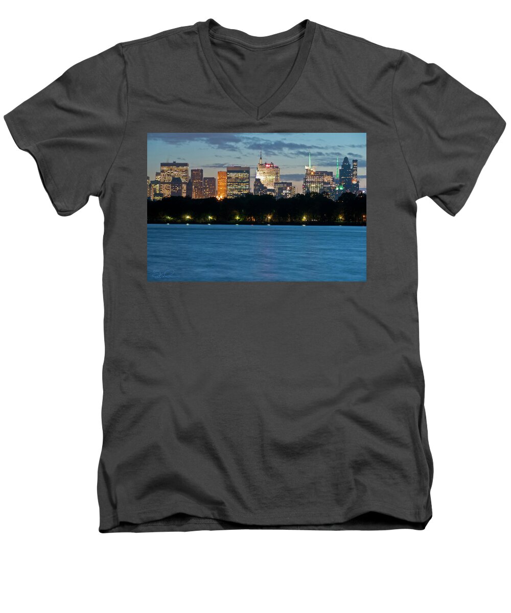 Nyc Men's V-Neck T-Shirt featuring the photograph Great Pond Skyline by S Paul Sahm