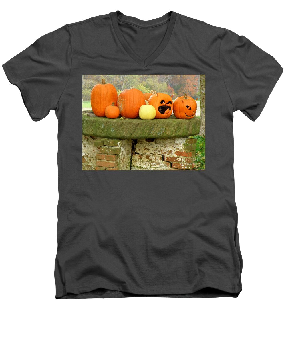 Pumpkins Men's V-Neck T-Shirt featuring the photograph Jack-0-Lanterns by Lainie Wrightson