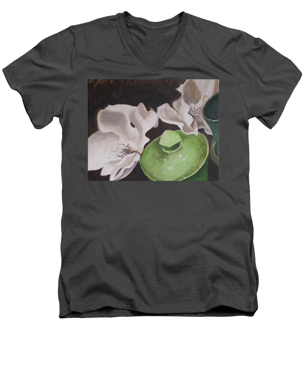 Oil Painting Men's V-Neck T-Shirt featuring the painting Magnolias with green sugar bowl by Jaime Haney
