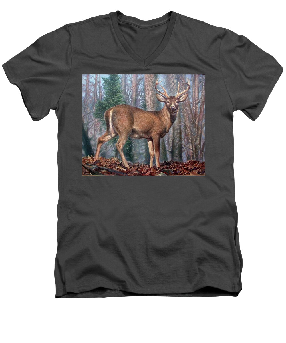 Deer Men's V-Neck T-Shirt featuring the painting Missouri Whitetail Deer by Hans Droog