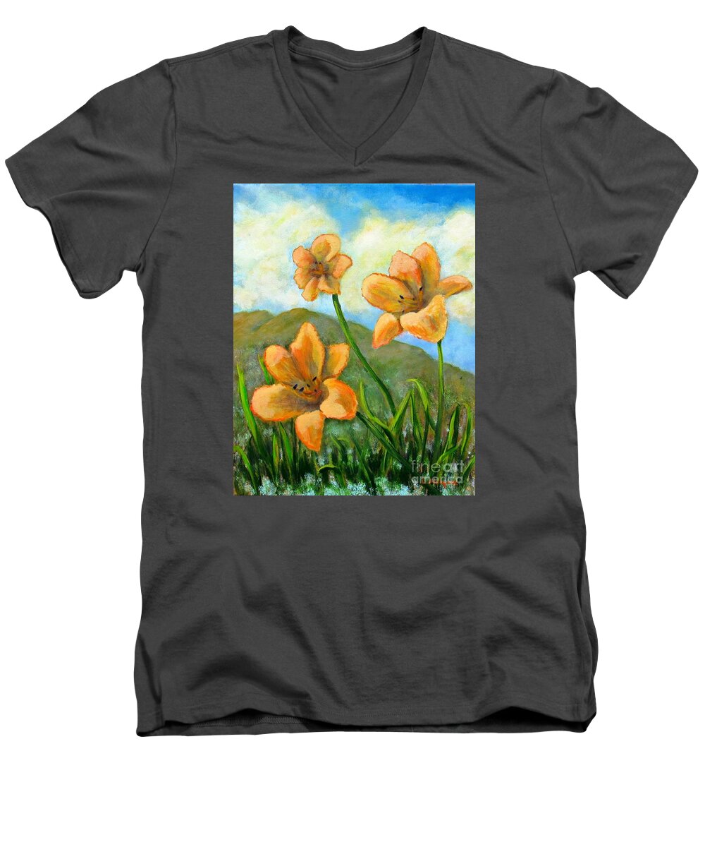 Lily Men's V-Neck T-Shirt featuring the painting Morning Glow by Laurie Morgan