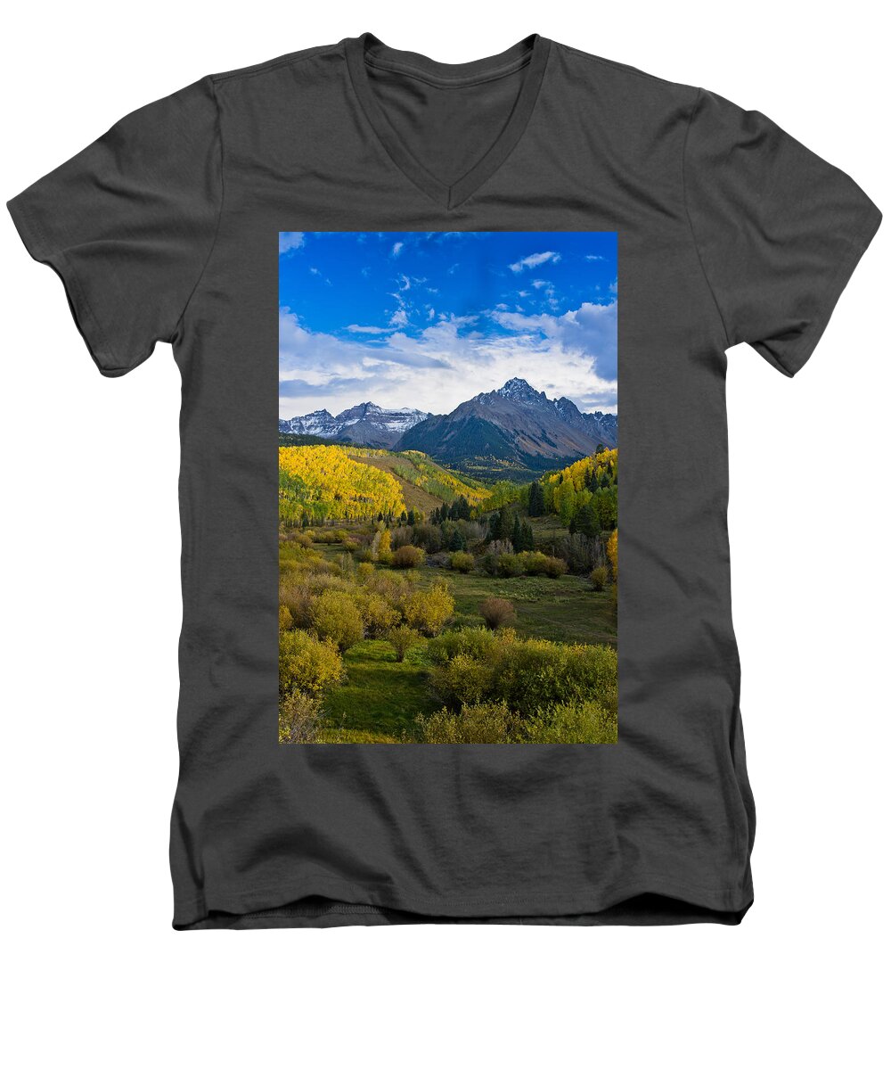 Rockies Men's V-Neck T-Shirt featuring the photograph Mount Sneffels under Autumn Sky by Greg Nyquist