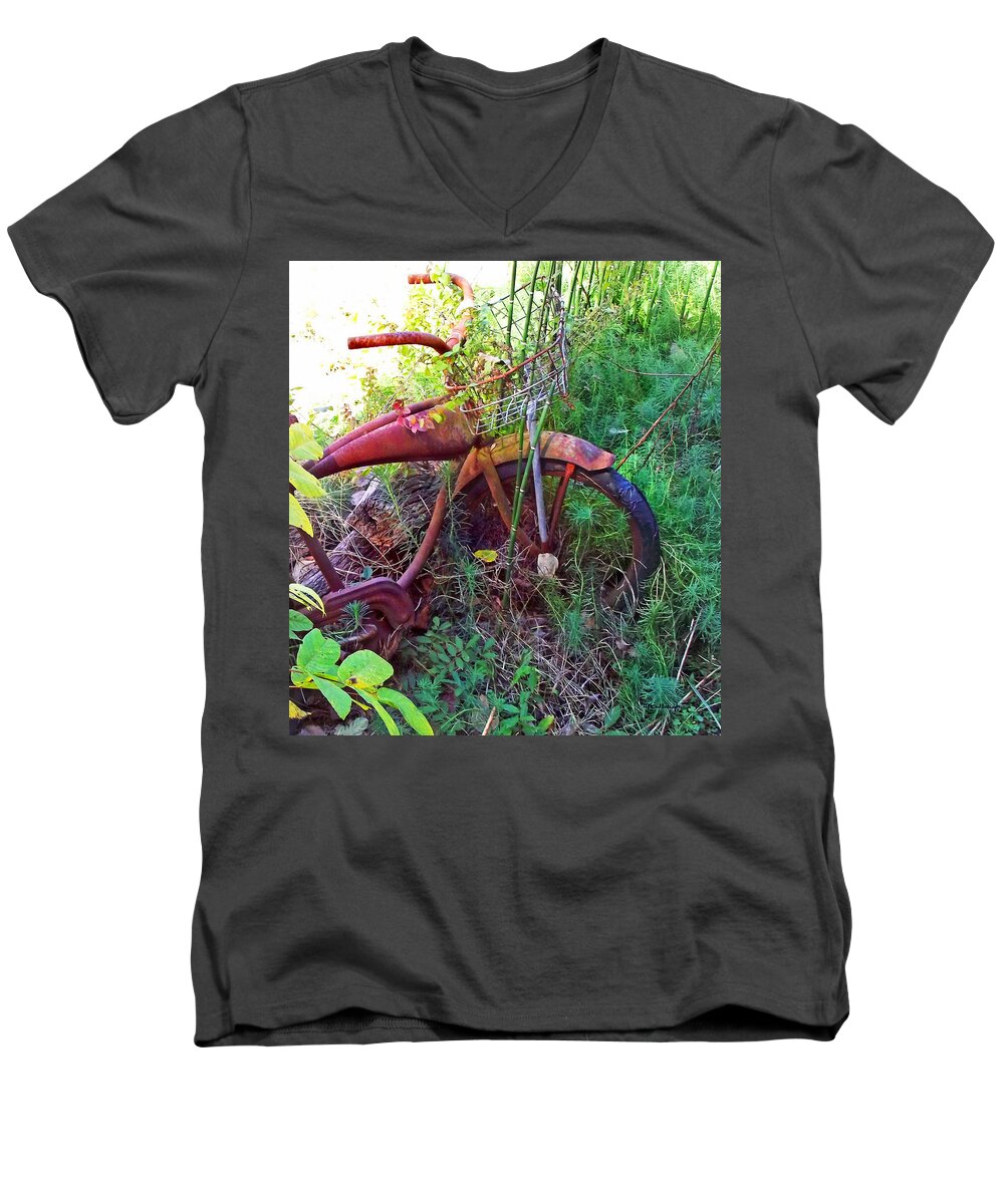 Old Bikes Men's V-Neck T-Shirt featuring the photograph Old Bike and Weeds by Duane McCullough