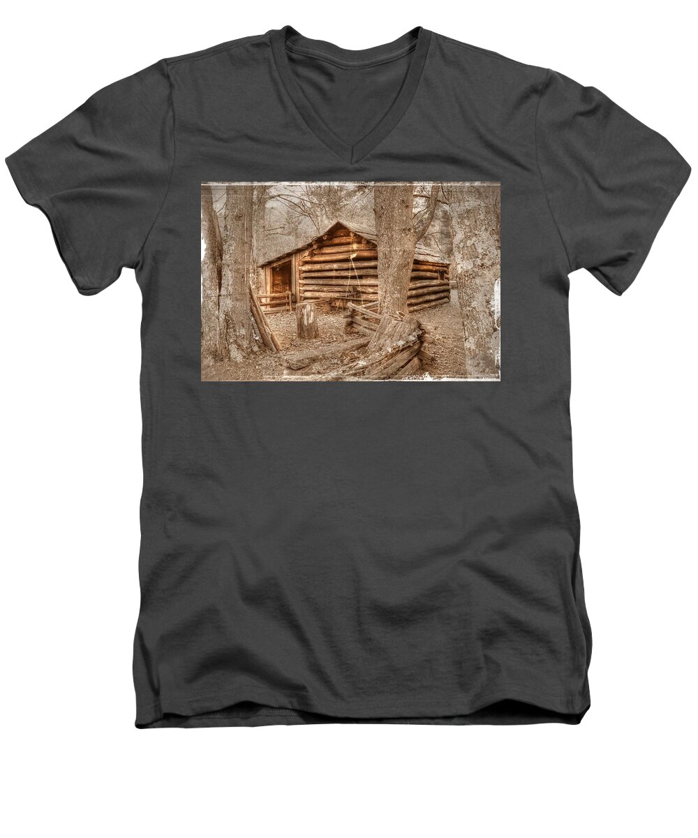 Sepia Men's V-Neck T-Shirt featuring the photograph Old Mill Work Cabin by Dan Stone