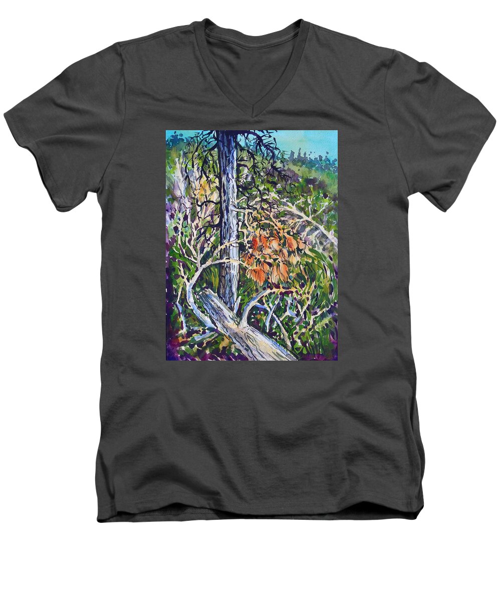 Ponserosa Pines Men's V-Neck T-Shirt featuring the painting Petroglyph Pines by Lynne Haines