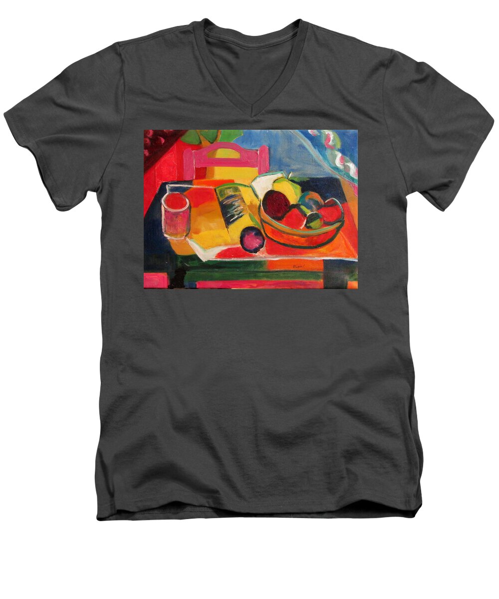 Colorful Still Life Men's V-Neck T-Shirt featuring the painting Pink Chair and Pink Plum by Betty Pieper