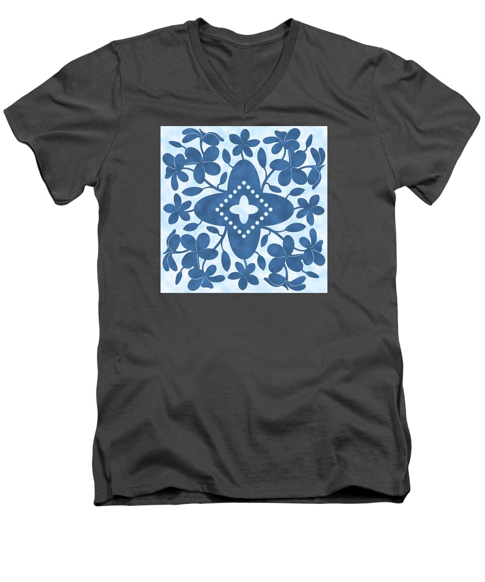 Plumeria Men's V-Neck T-Shirt featuring the digital art Plumeria Hawaiian Quilt Block by Alison Stein
