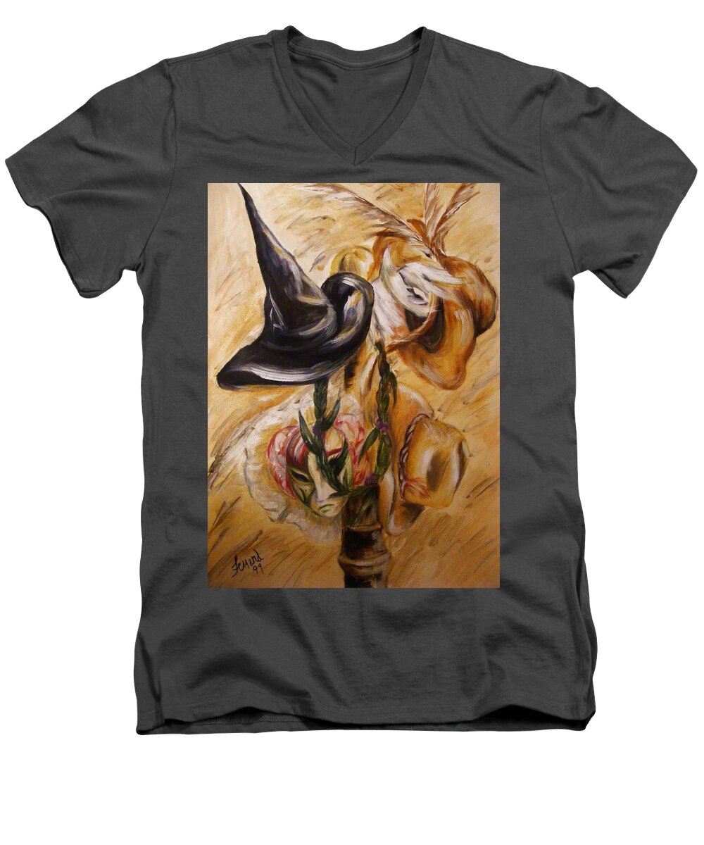 Humor Men's V-Neck T-Shirt featuring the painting Real Women Wear Many Hats by Karen Ferrand Carroll