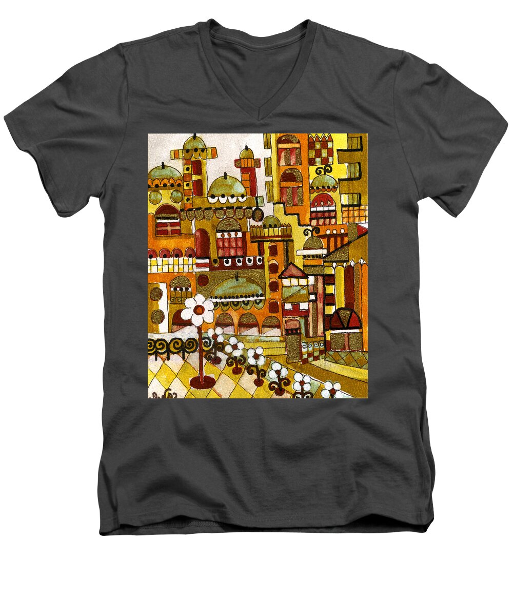 Red Men's V-Neck T-Shirt featuring the painting Red Kasba skyline landscape art of old town dome and minarett decorated with flower arch in orange by Rachel Hershkovitz