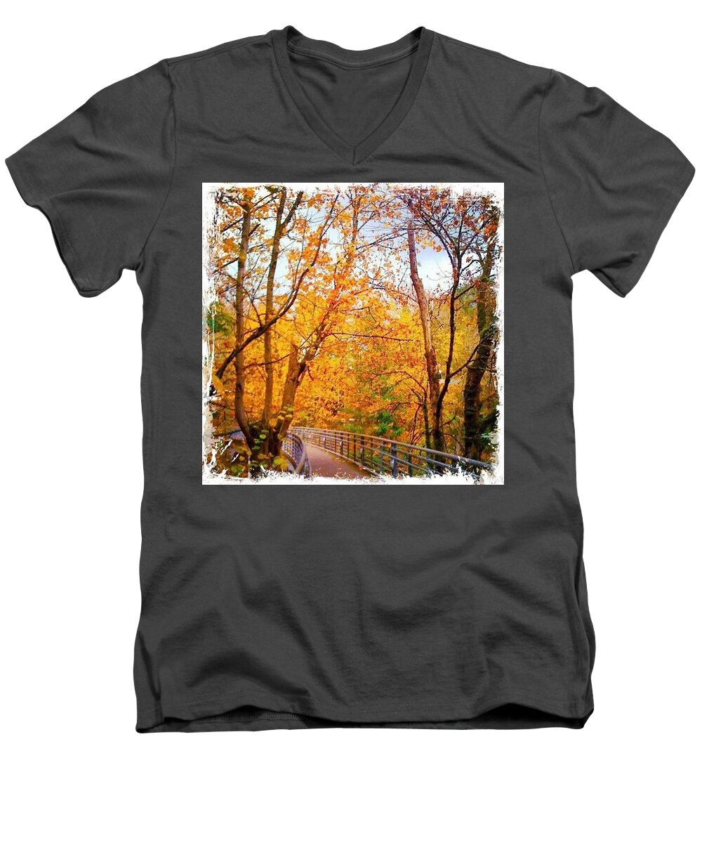 Reed College Canyon Men's V-Neck T-Shirt featuring the photograph Reed College Canyon Bridge to Campus by Anna Porter