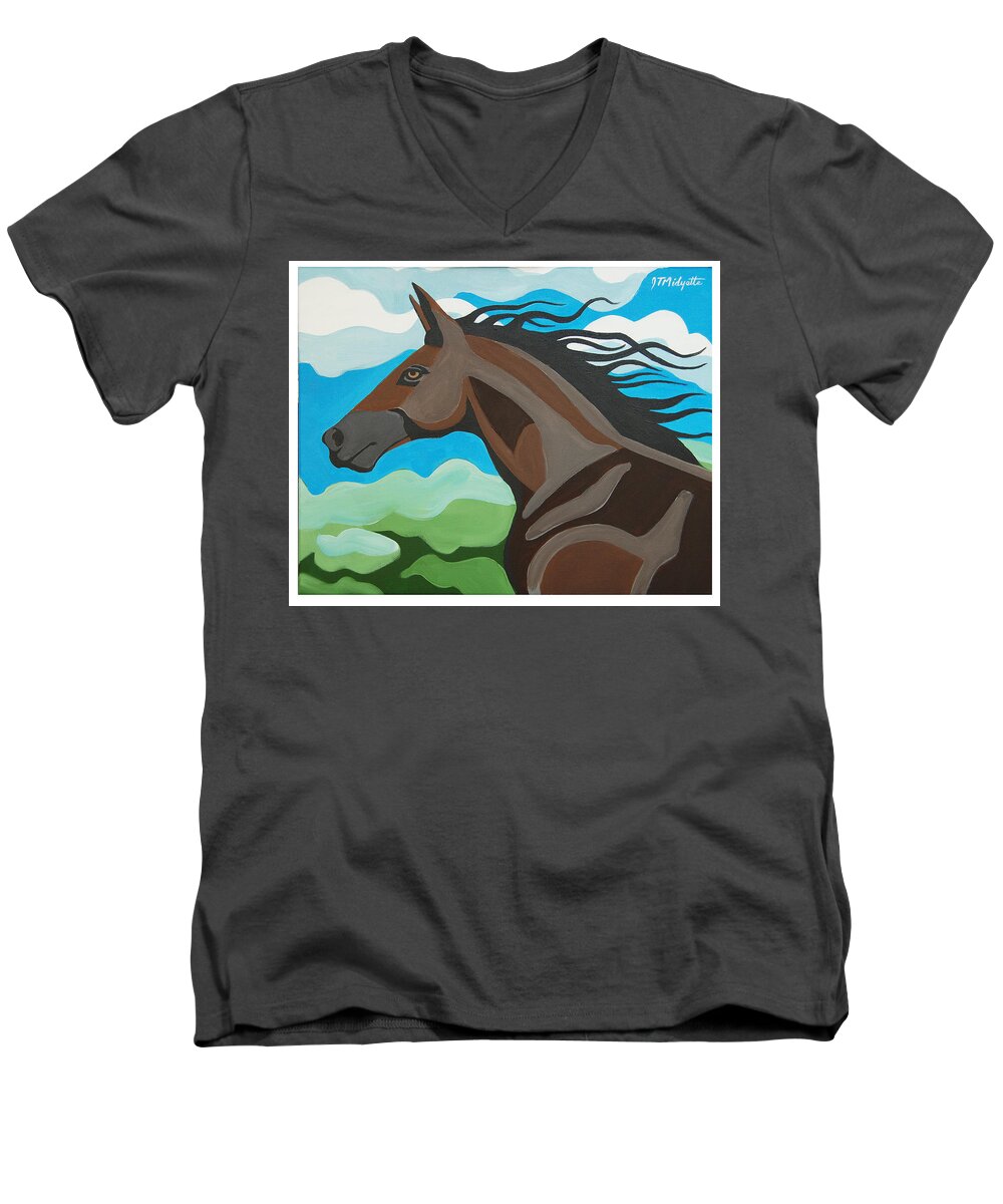 Horse Men's V-Neck T-Shirt featuring the painting Running Horse by Tommy Midyette