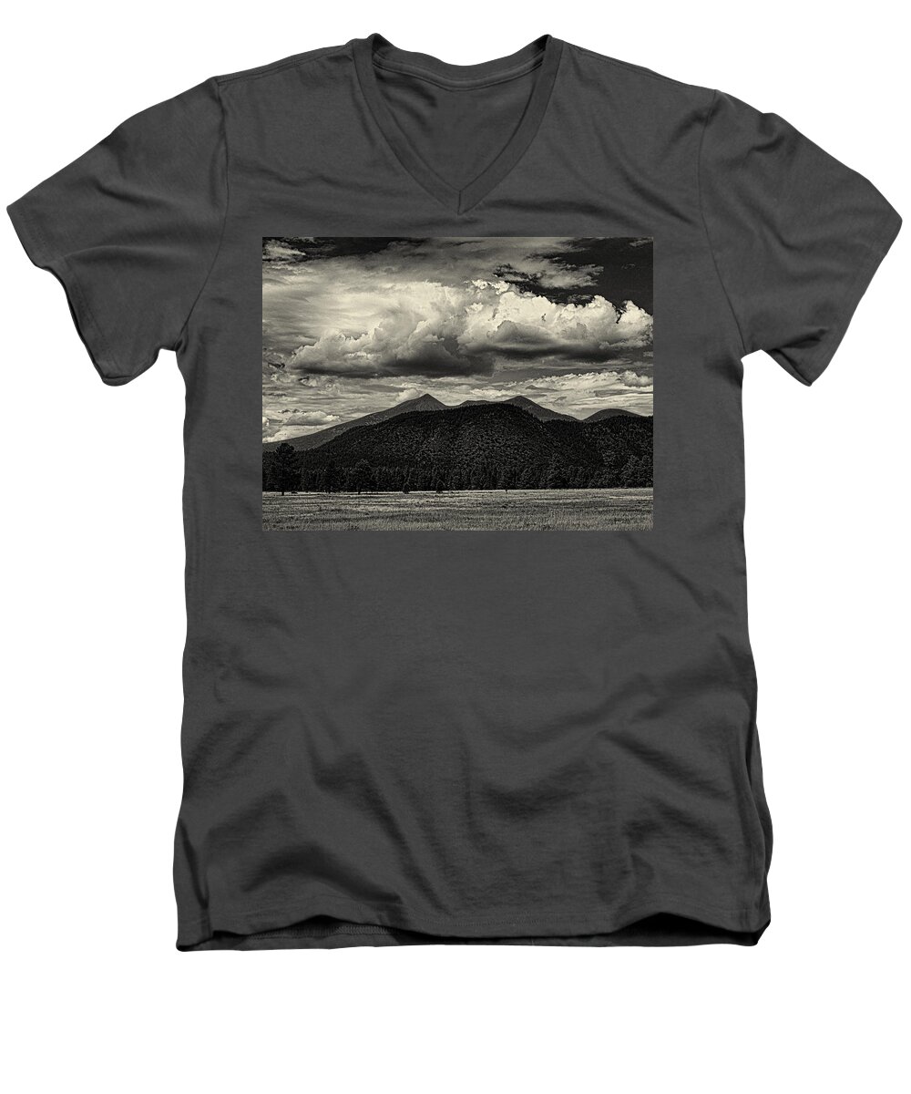 Flagstaff Men's V-Neck T-Shirt featuring the photograph San Francisco Peaks in Black and White by Joshua House