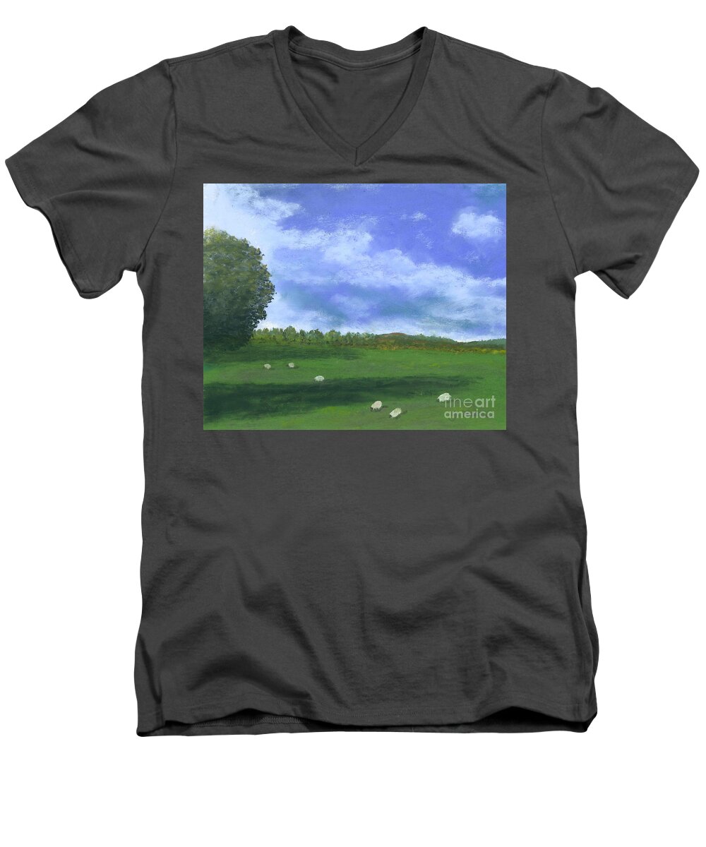 Landscape Men's V-Neck T-Shirt featuring the pastel Scottish Pasture by Ginny Neece