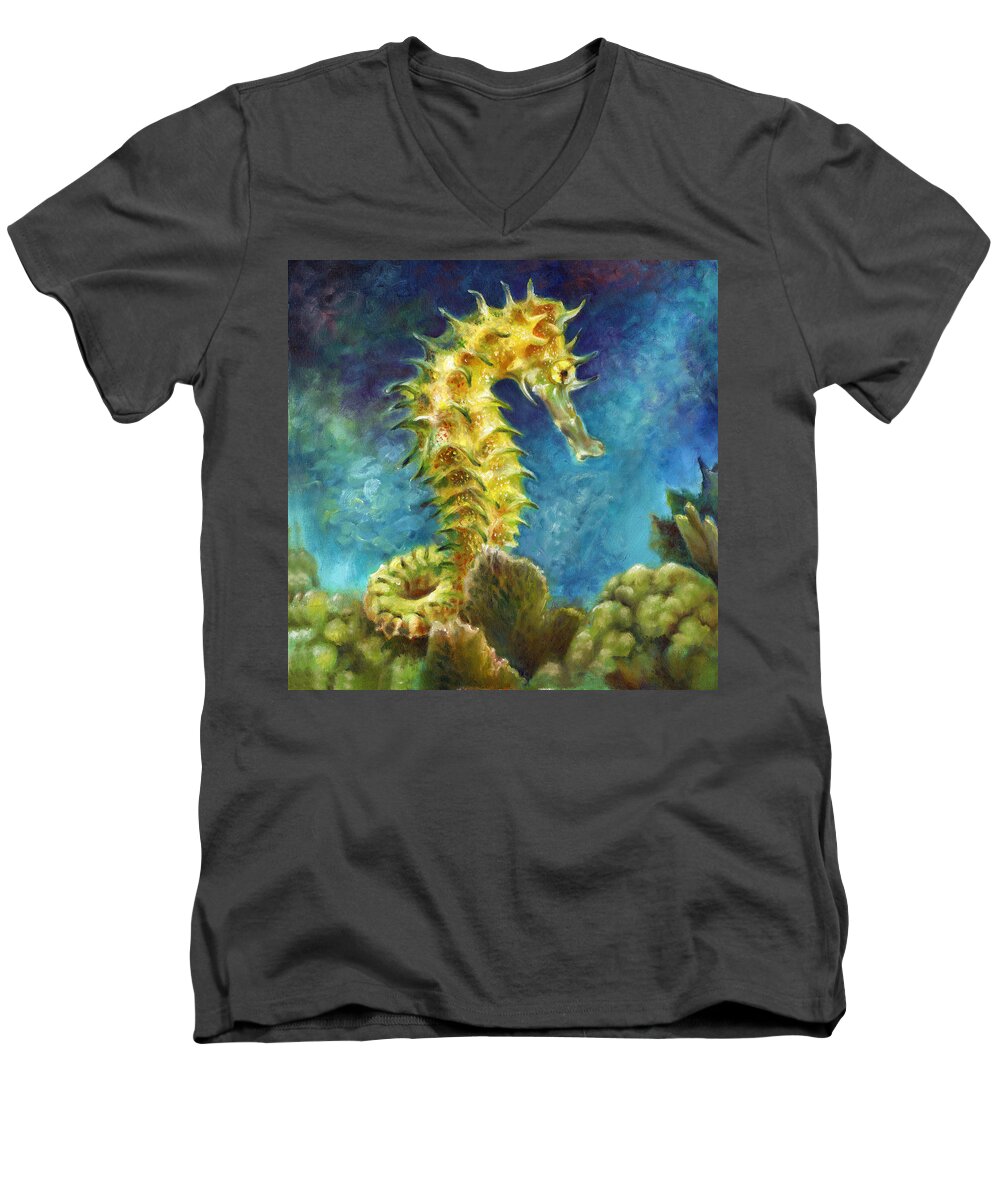  Men's V-Neck T-Shirt featuring the painting Seahorse I by Nancy Tilles