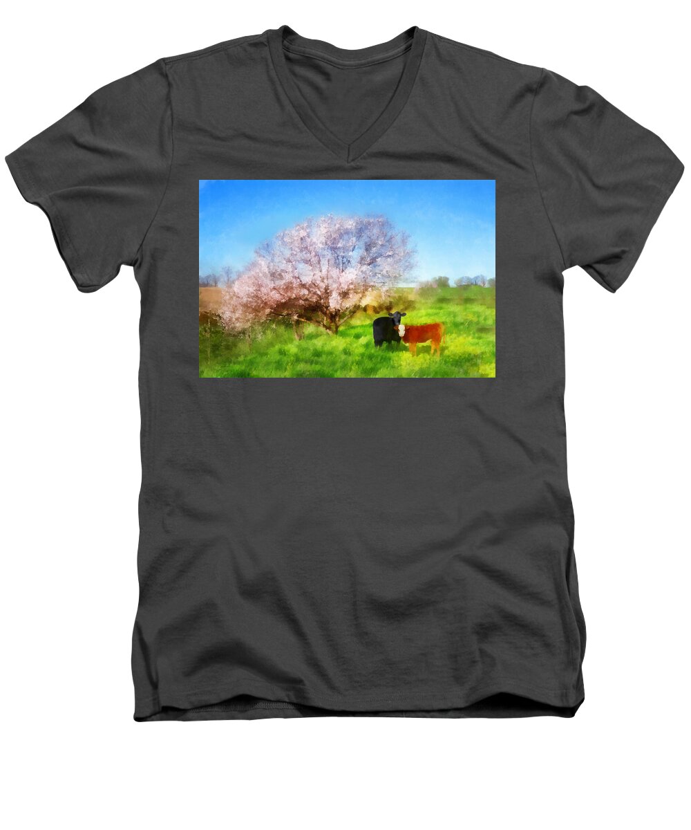 Landscape Men's V-Neck T-Shirt featuring the digital art Spring Meadow with Cows by Frances Miller
