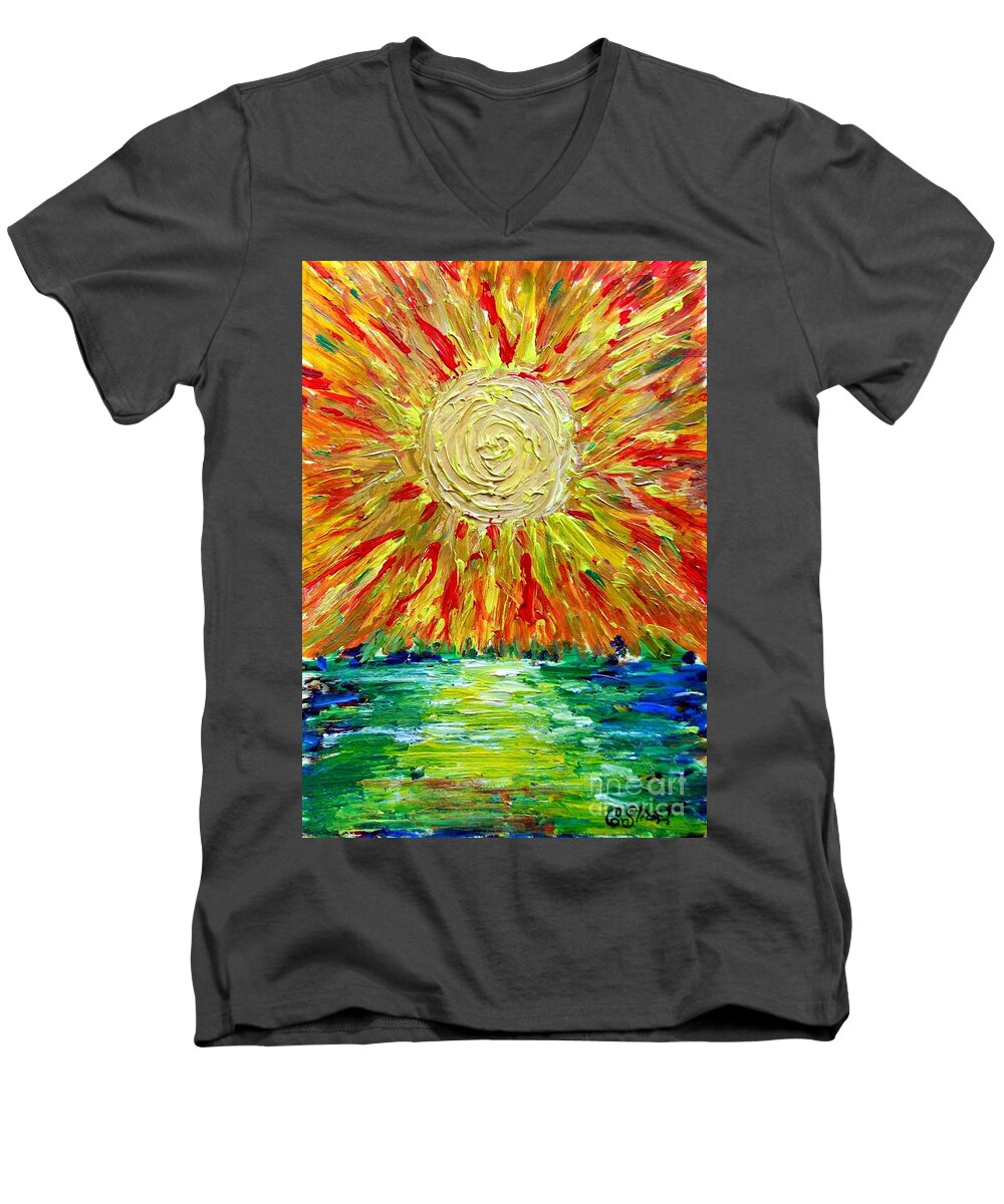 Sunrise Men's V-Neck T-Shirt featuring the painting Sunburst by Caroline Street