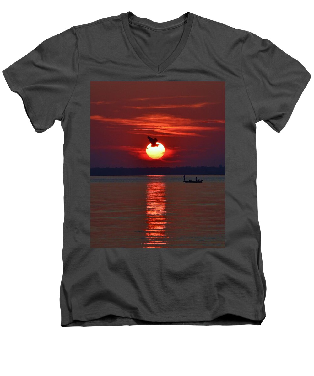 Avian Men's V-Neck T-Shirt featuring the photograph Sunset Fishing by Billy Beck