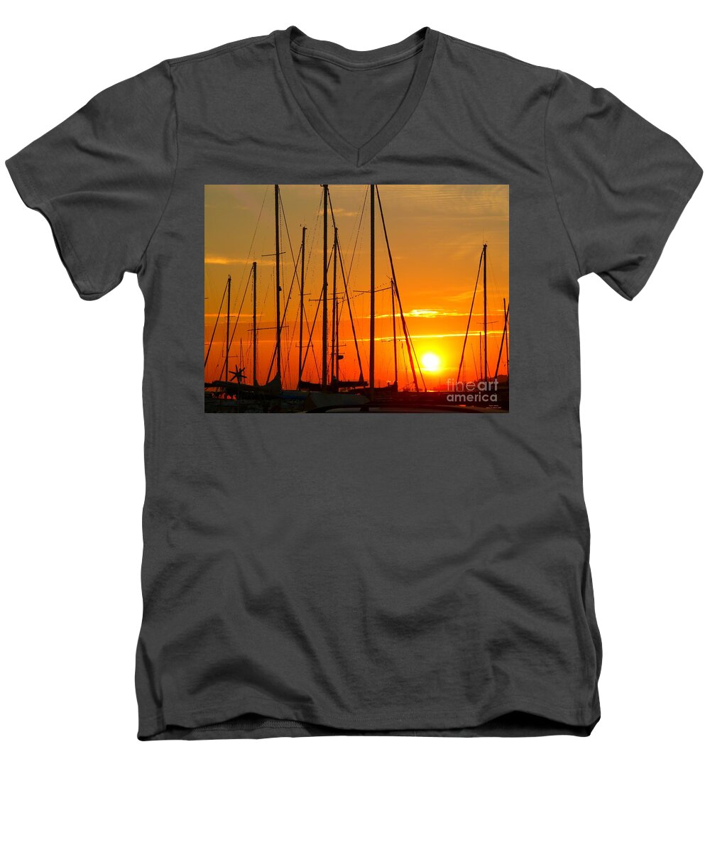 Sunset Men's V-Neck T-Shirt featuring the mixed media Sunset in a harbour digital photo painting by Rogerio Mariani