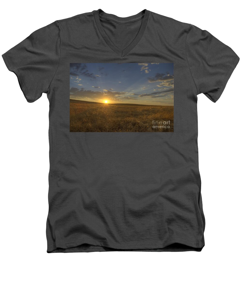 Sunset Men's V-Neck T-Shirt featuring the photograph Sunset on the prairie by Jim And Emily Bush