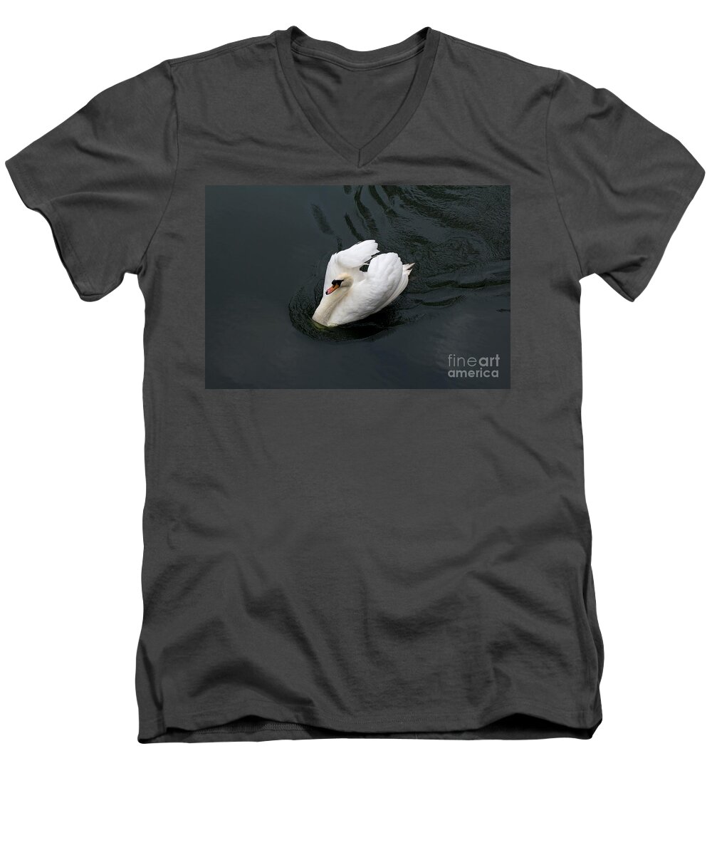 White Men's V-Neck T-Shirt featuring the photograph Swan on black water by Les Palenik