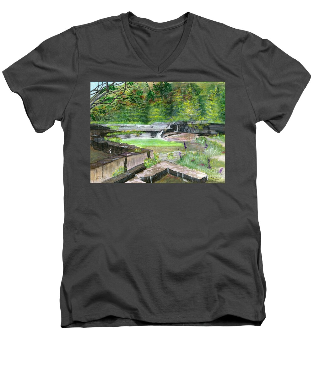 Finger Lakes Men's V-Neck T-Shirt featuring the painting Taughannock Vista Ithaca New York by Melly Terpening