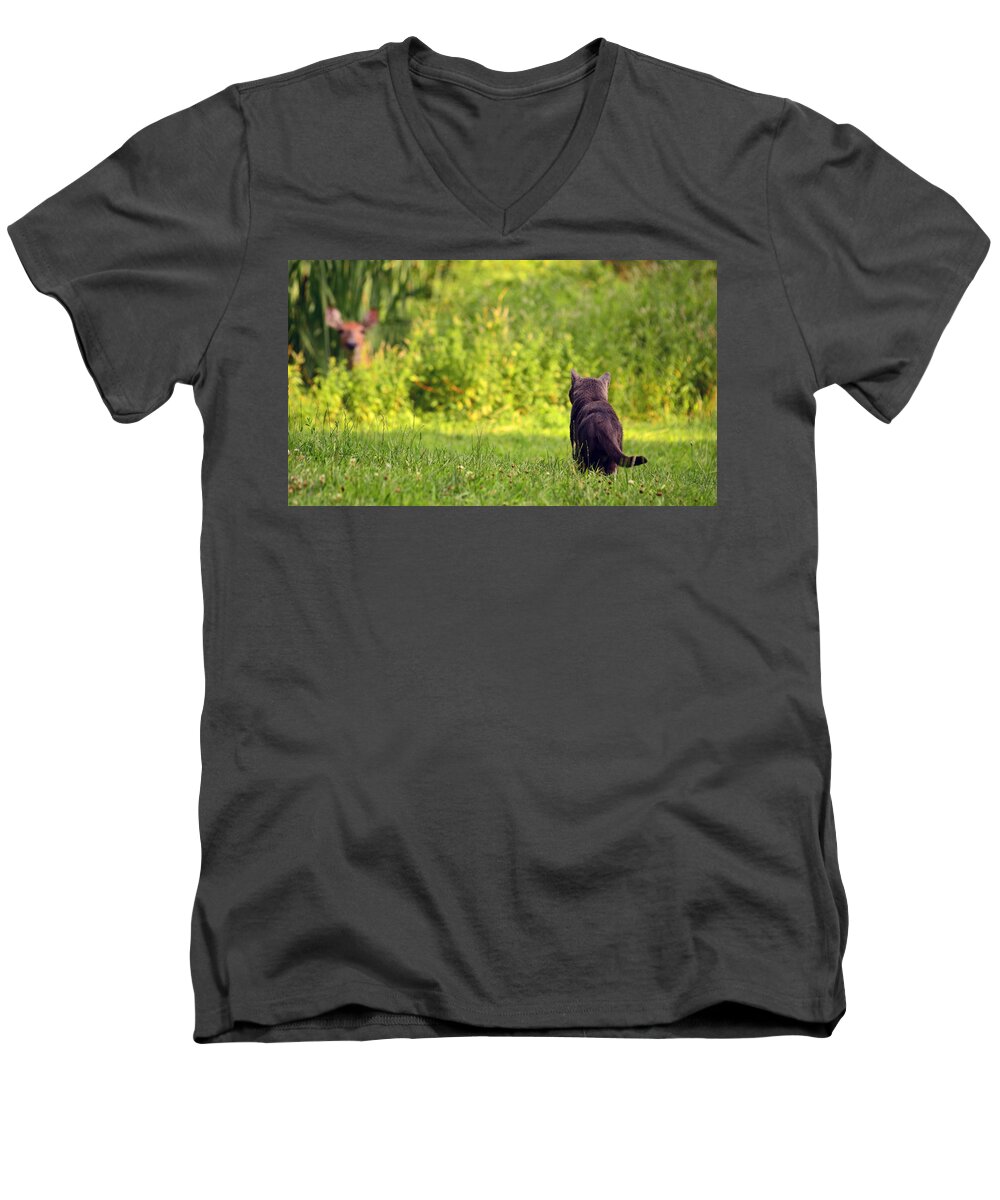 Cat Men's V-Neck T-Shirt featuring the photograph The Deer Hunter by Lori Tambakis