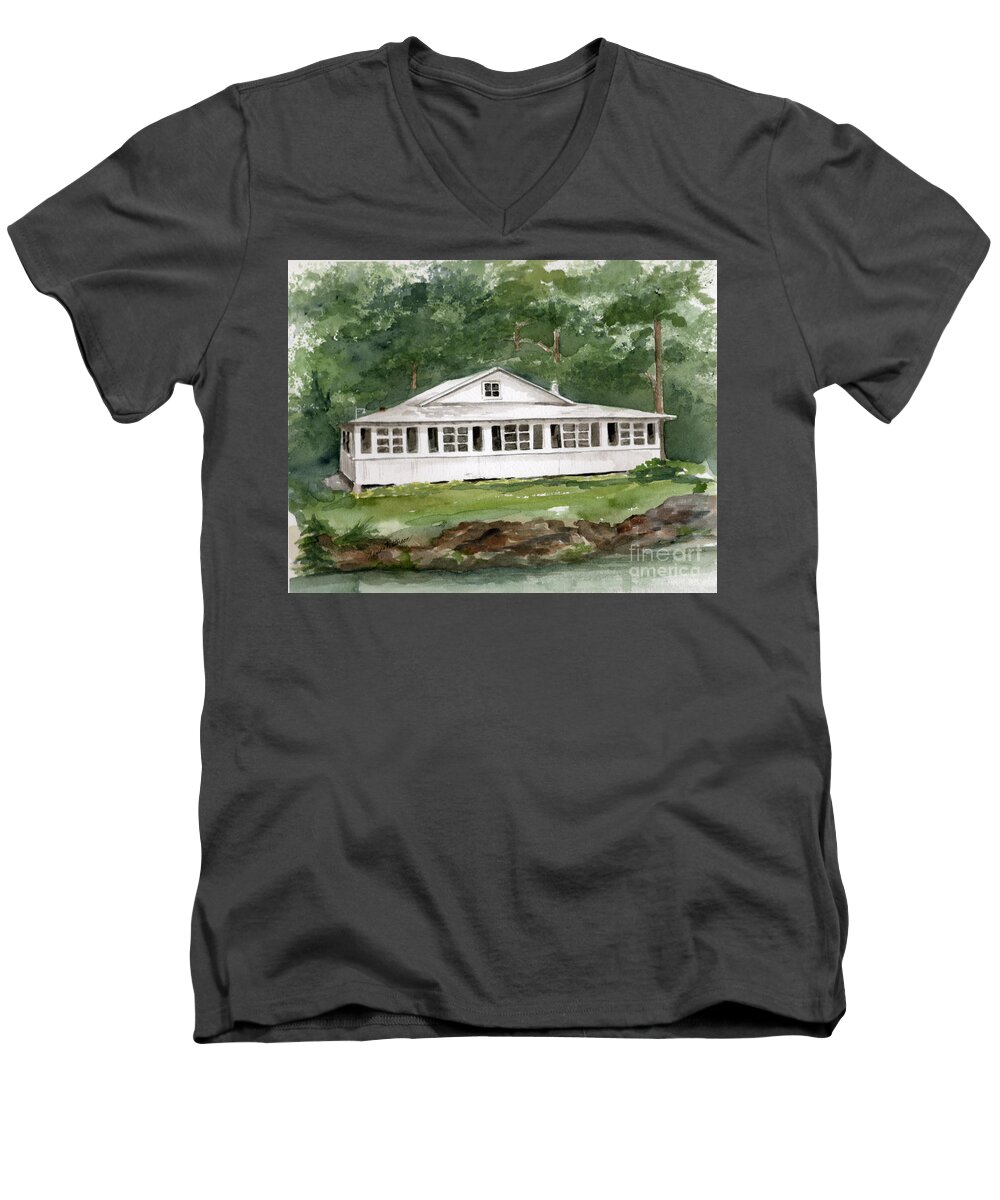 Knoebels Grove Men's V-Neck T-Shirt featuring the painting The Tidy Cottage by Nancy Patterson