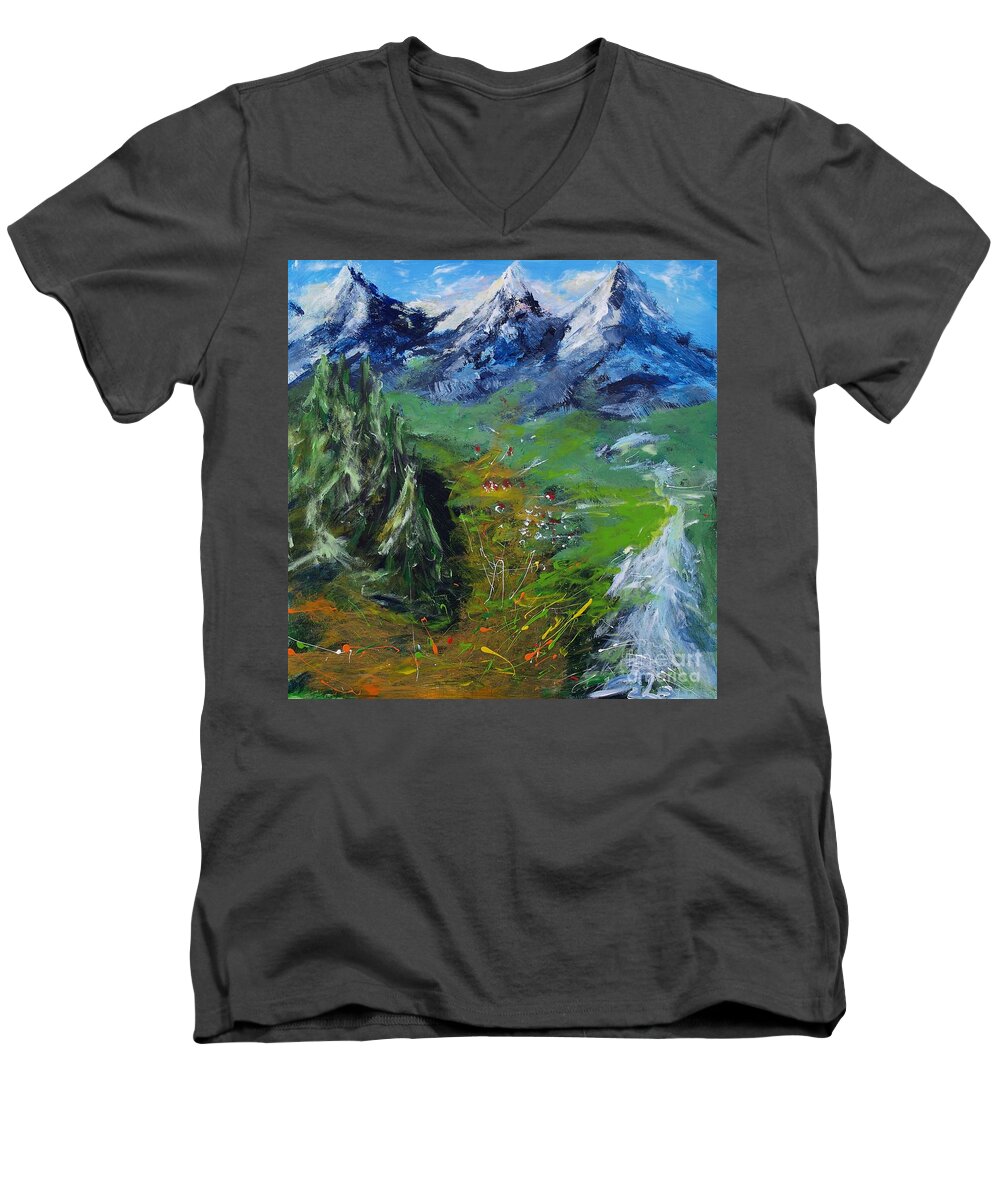 Mountains Men's V-Neck T-Shirt featuring the painting Three Mountains by Lidija Ivanek - SiLa
