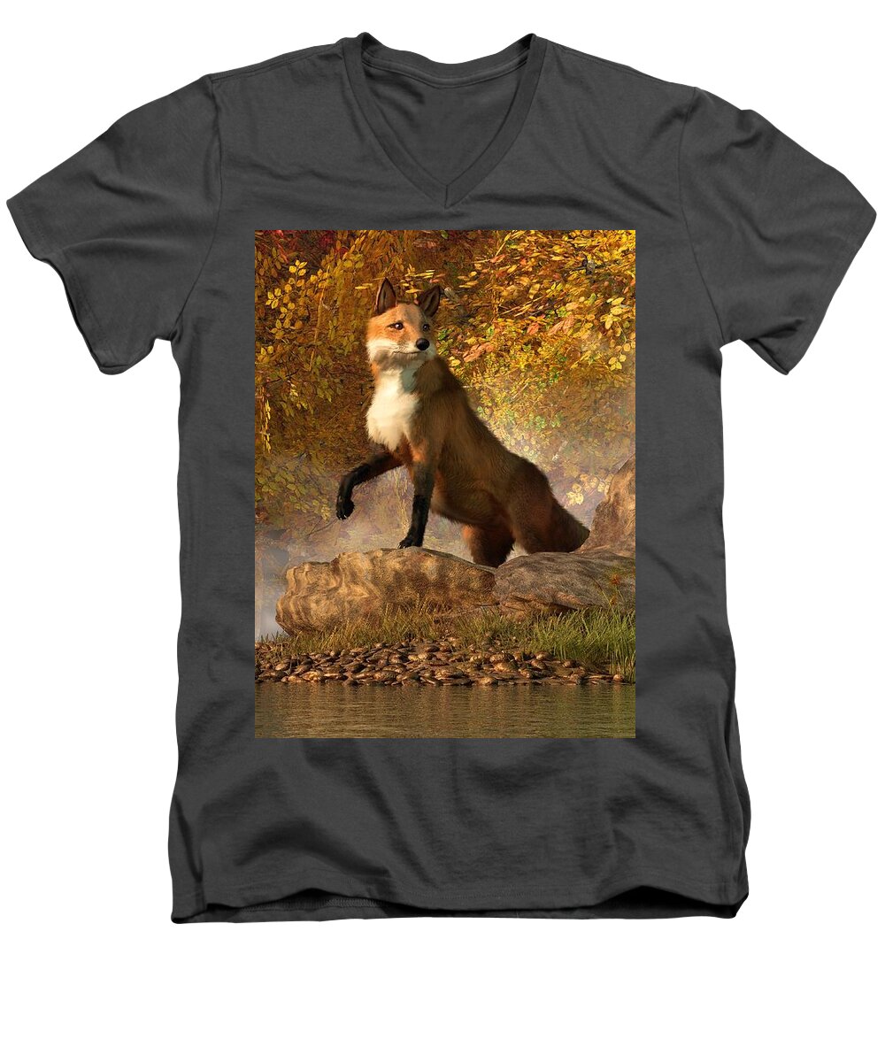 Fox Men's V-Neck T-Shirt featuring the digital art Vixen by the River by Daniel Eskridge
