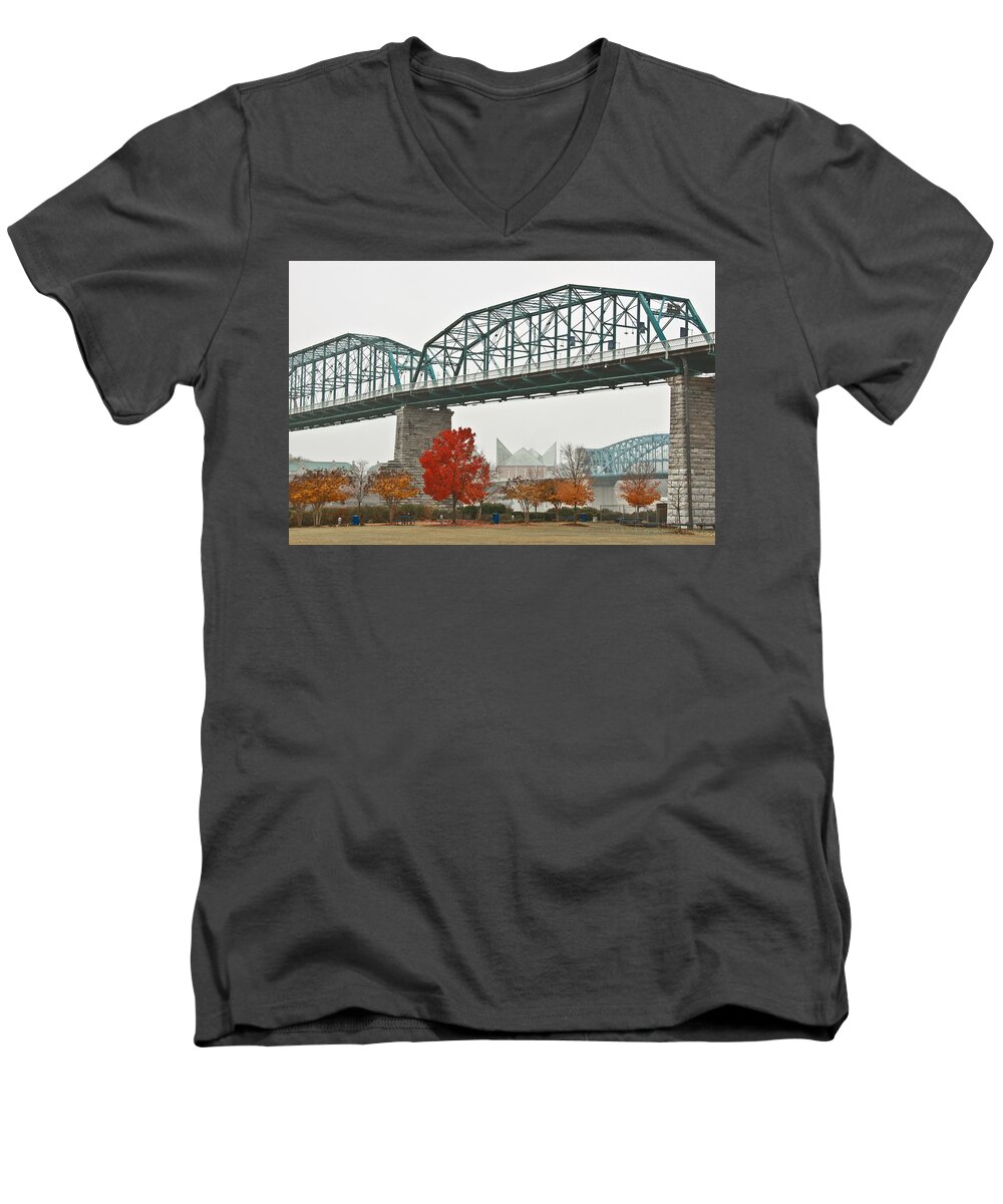 Walnut Street Bridge Men's V-Neck T-Shirt featuring the photograph Walnut Street Bridge by Tom and Pat Cory