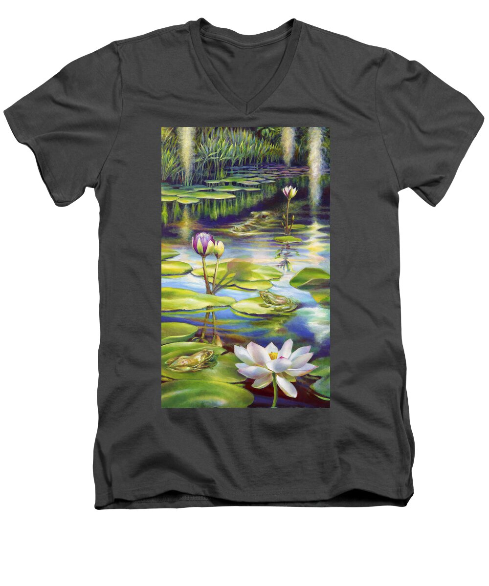 Alligator Men's V-Neck T-Shirt featuring the painting Water Lilies at McKee Gardens III - Alligator and Frogs by Nancy Tilles