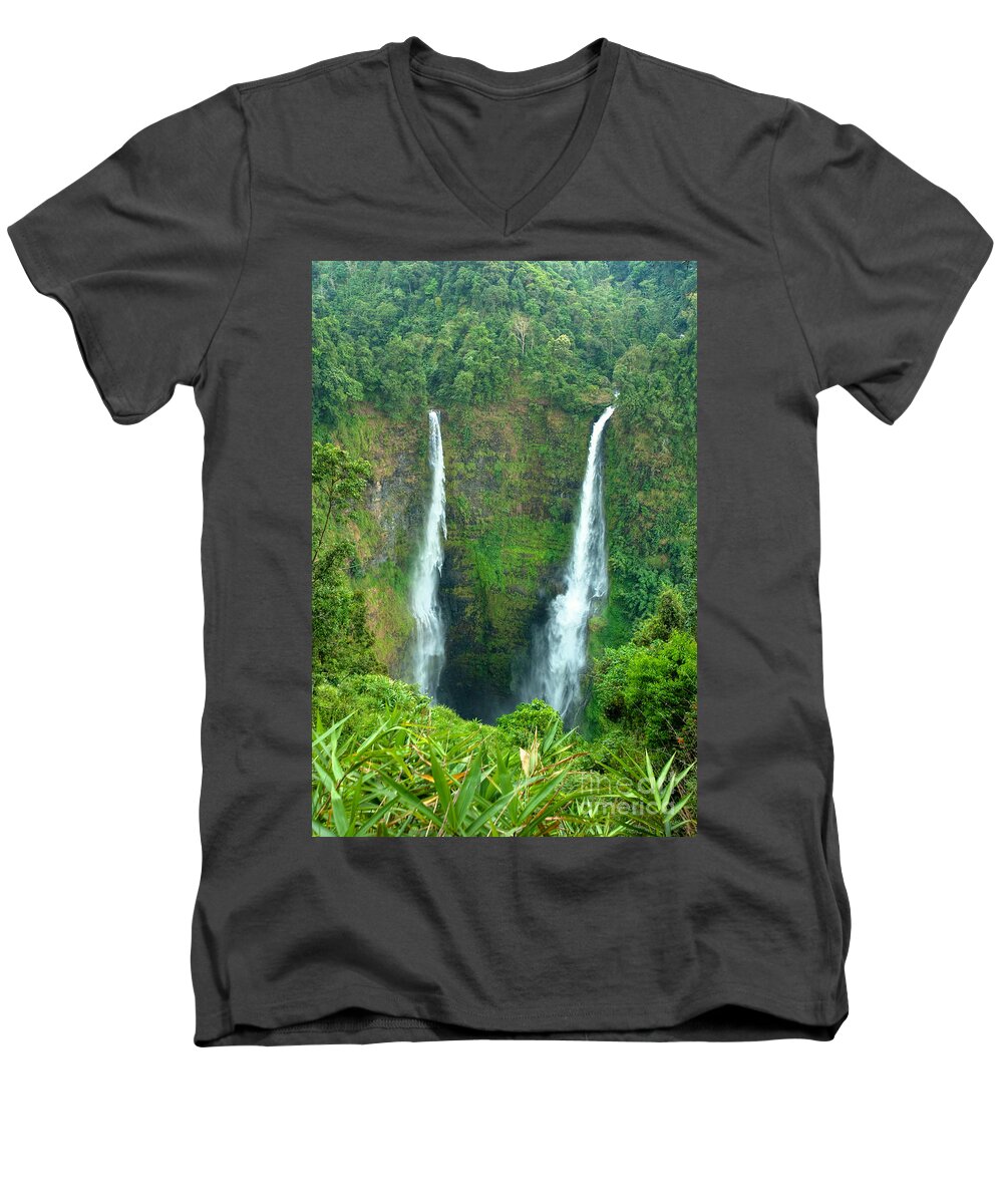 Alternative Men's V-Neck T-Shirt featuring the photograph waterfall in Laos by Luciano Mortula