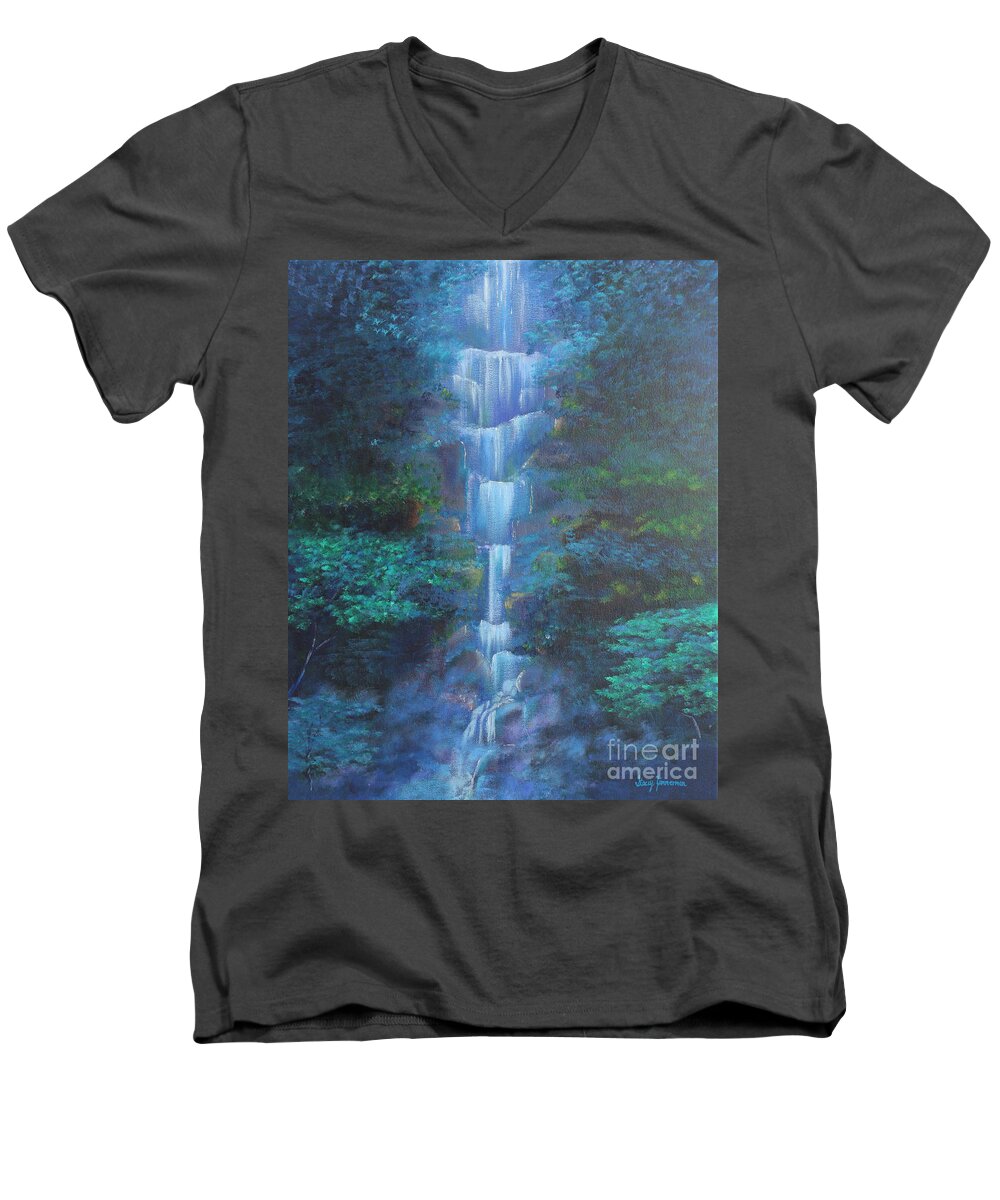 Waterfall Men's V-Neck T-Shirt featuring the painting Waterfall Symphony by Stacey Zimmerman
