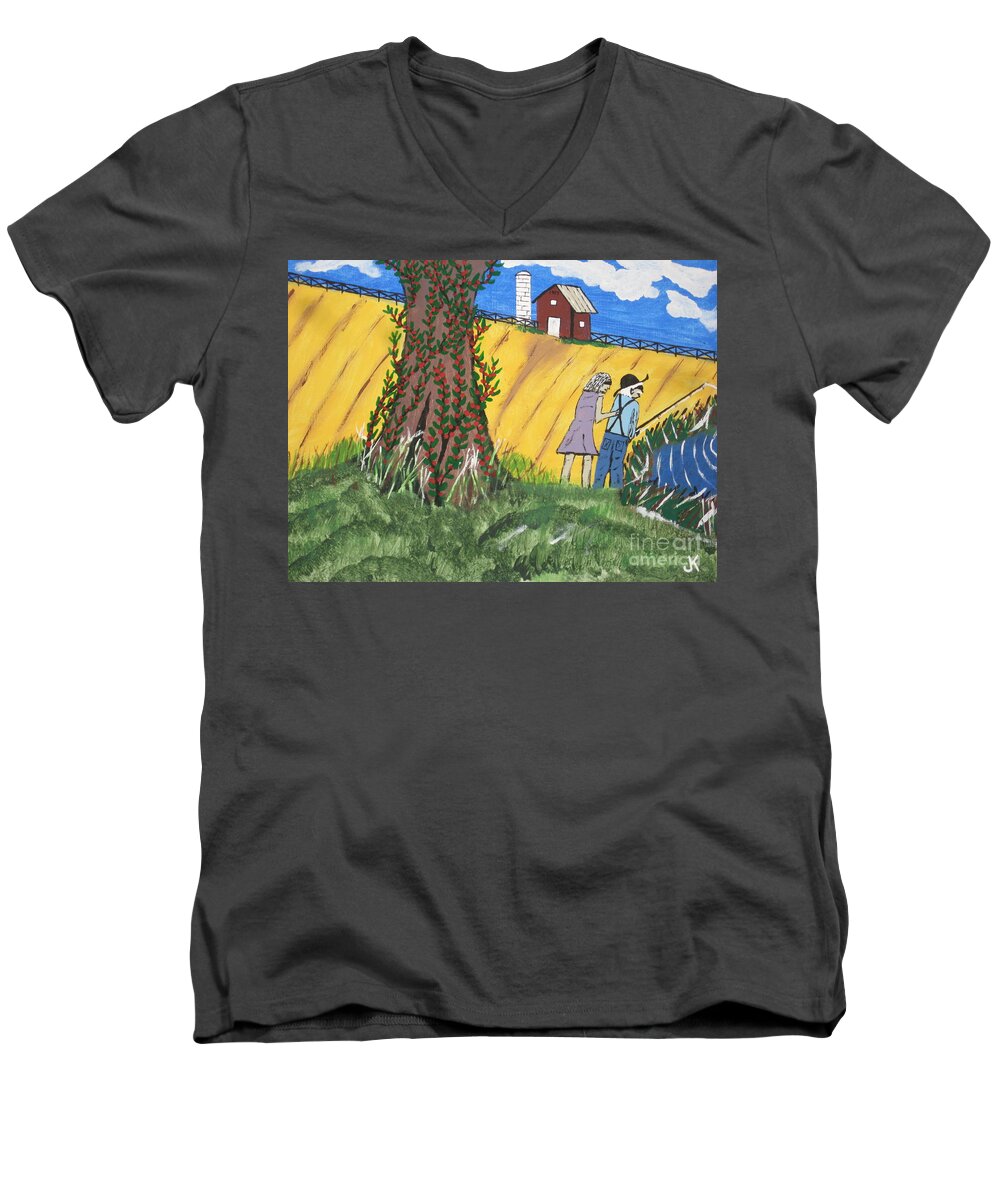 Fishing Men's V-Neck T-Shirt featuring the painting I Got A Big One. by Jeffrey Koss