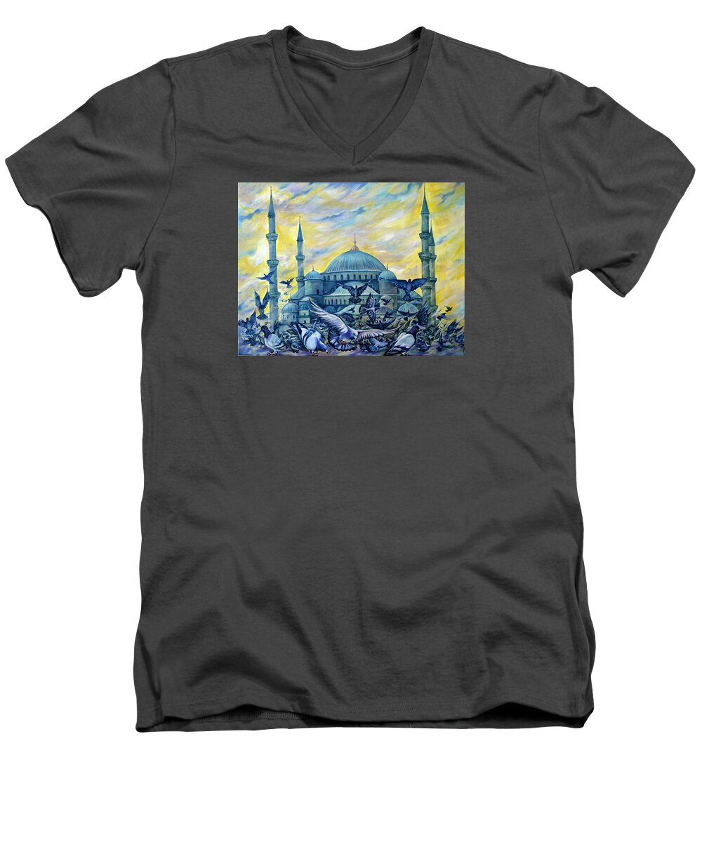 Travel Men's V-Neck T-Shirt featuring the painting Turkey. Blue Mosque by Anna Duyunova
