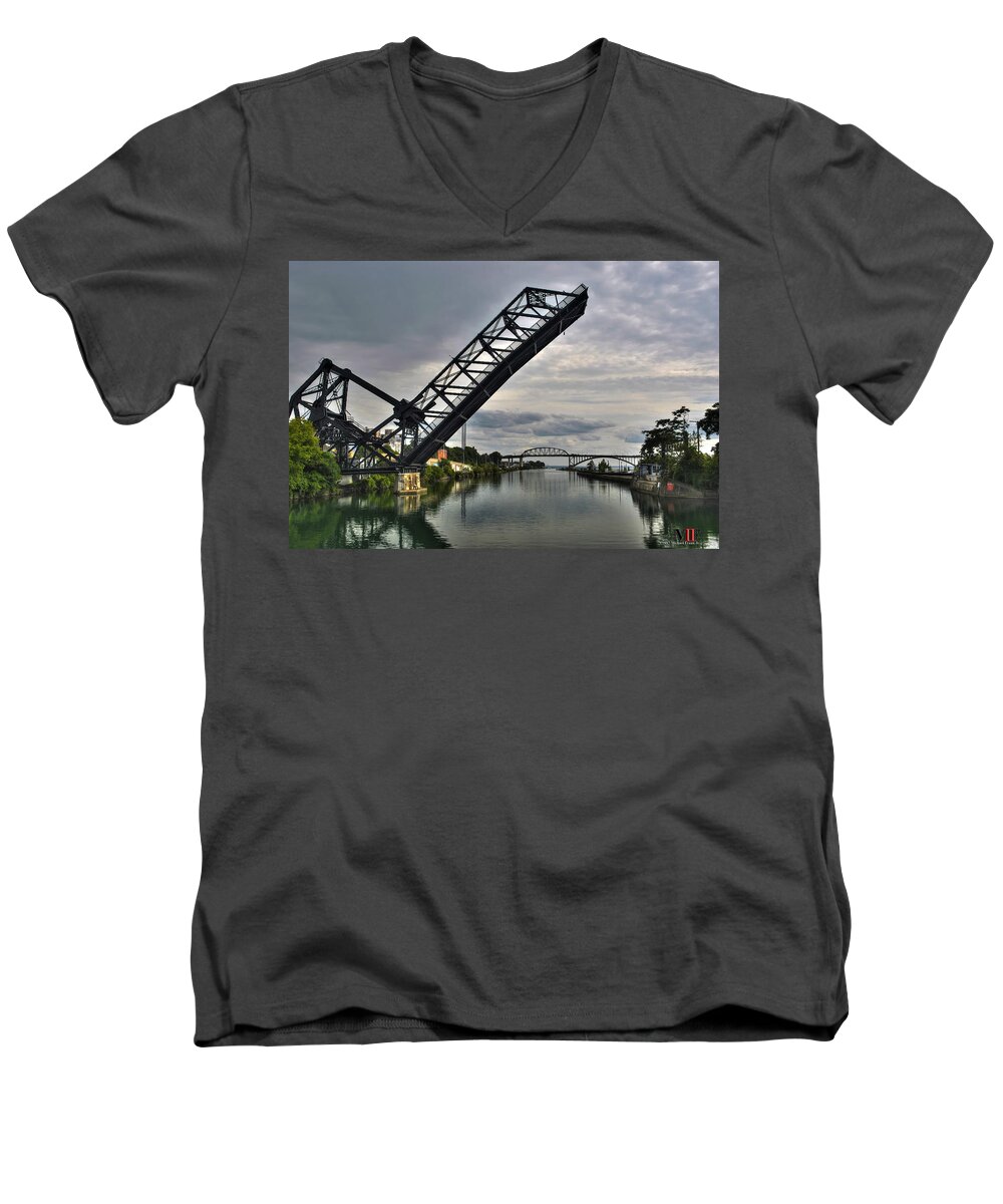 Buffalo Men's V-Neck T-Shirt featuring the photograph 001 FERRY ST LIFT BRIDGE with PEACE BRIDGE in BACKGROUND by Michael Frank Jr