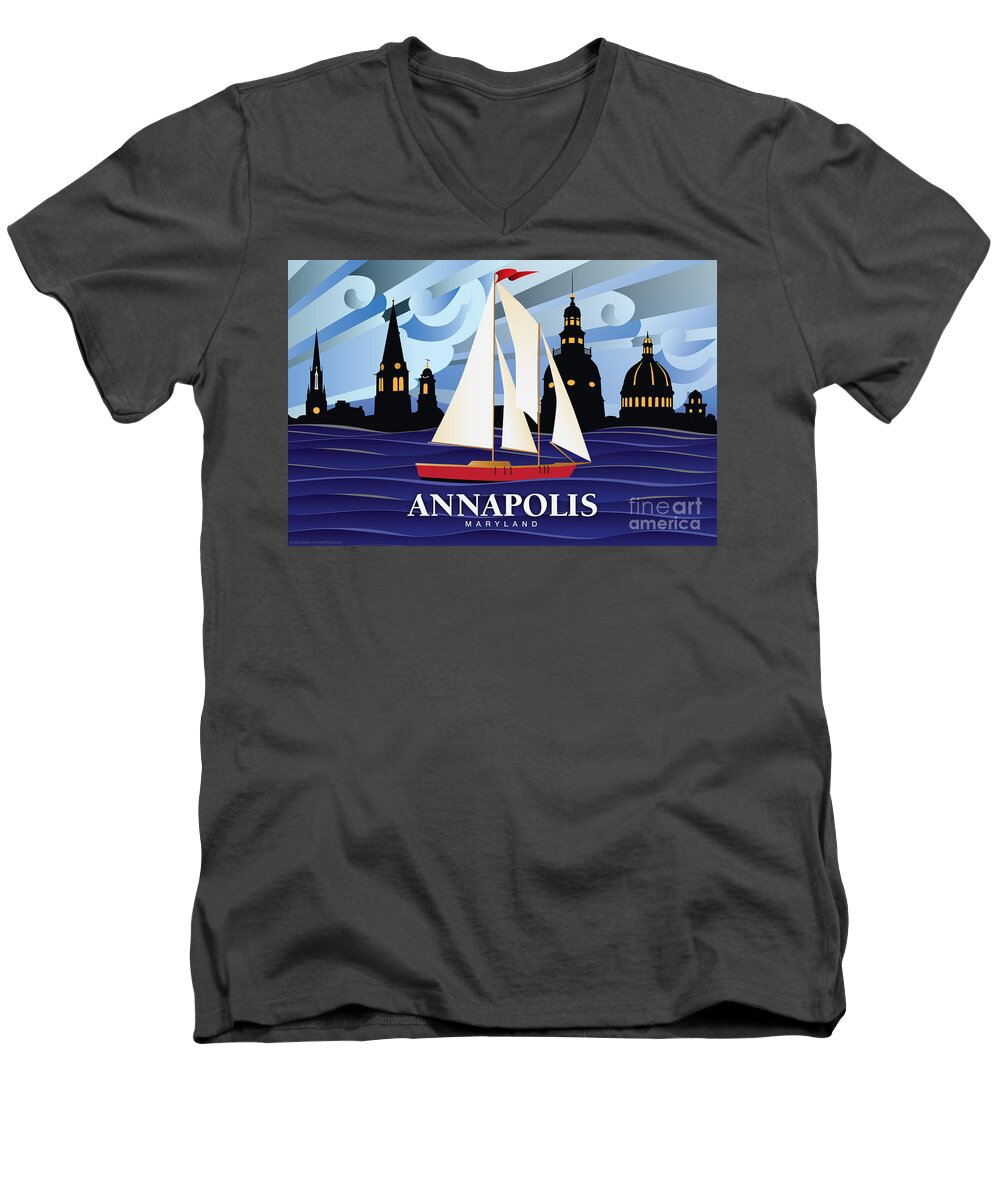 Annapolis Men's V-Neck T-Shirt featuring the digital art Annapolis Skyline Red sail boat #1 by Joe Barsin