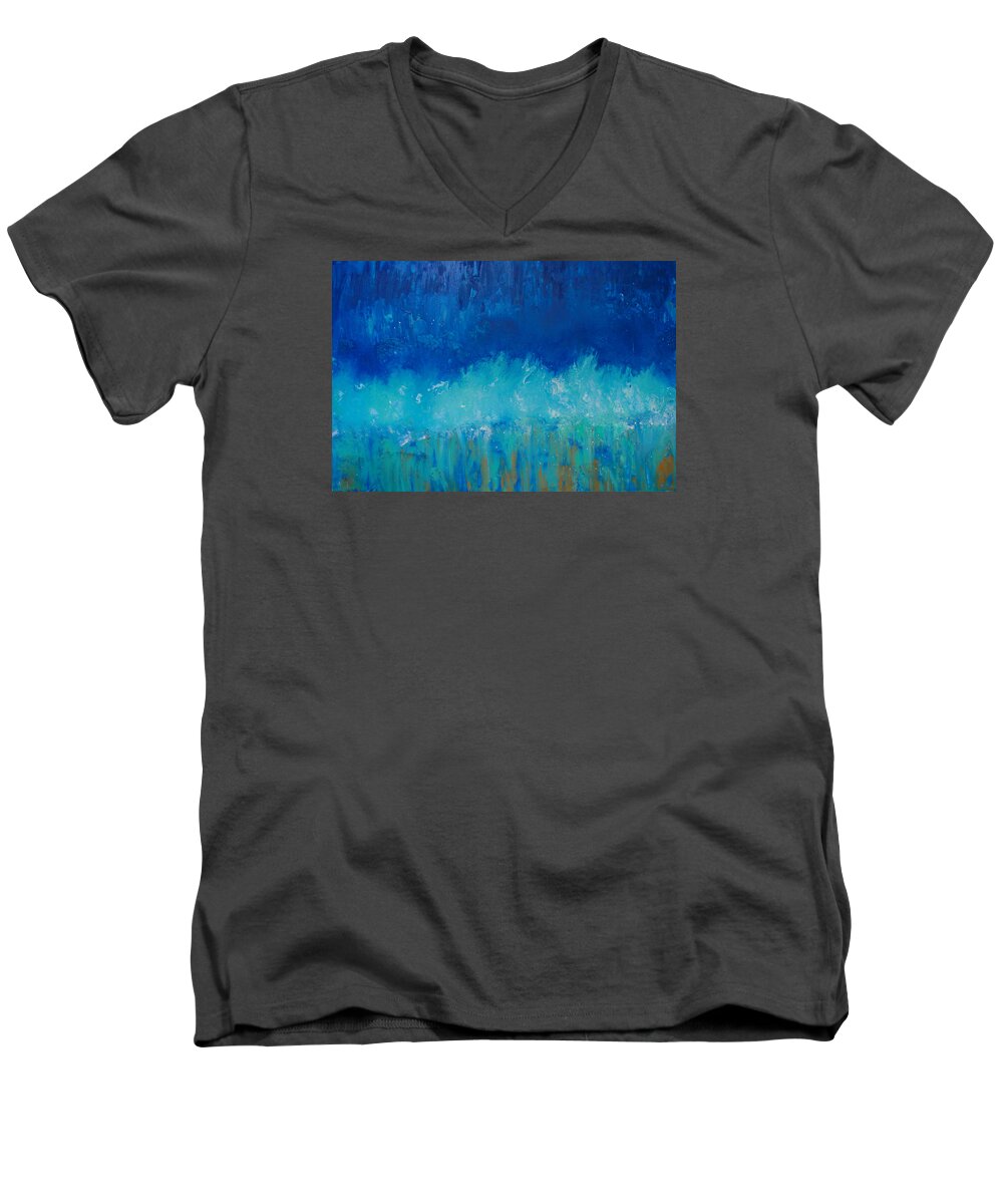 Blue Men's V-Neck T-Shirt featuring the painting Blue #1 by Alma Yamazaki