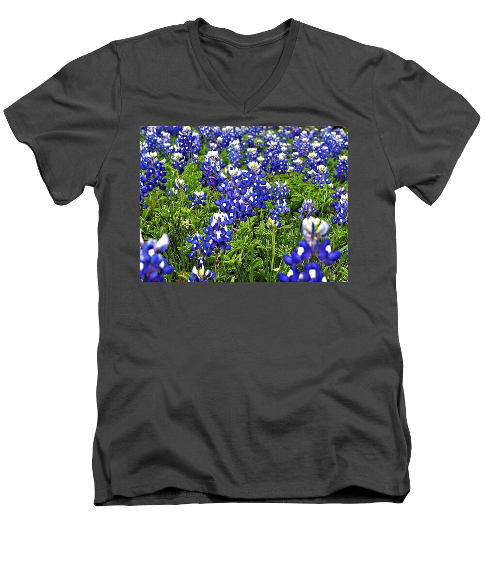 Blue Bonnets Men's V-Neck T-Shirt featuring the photograph Blue #1 by Jerry Connally