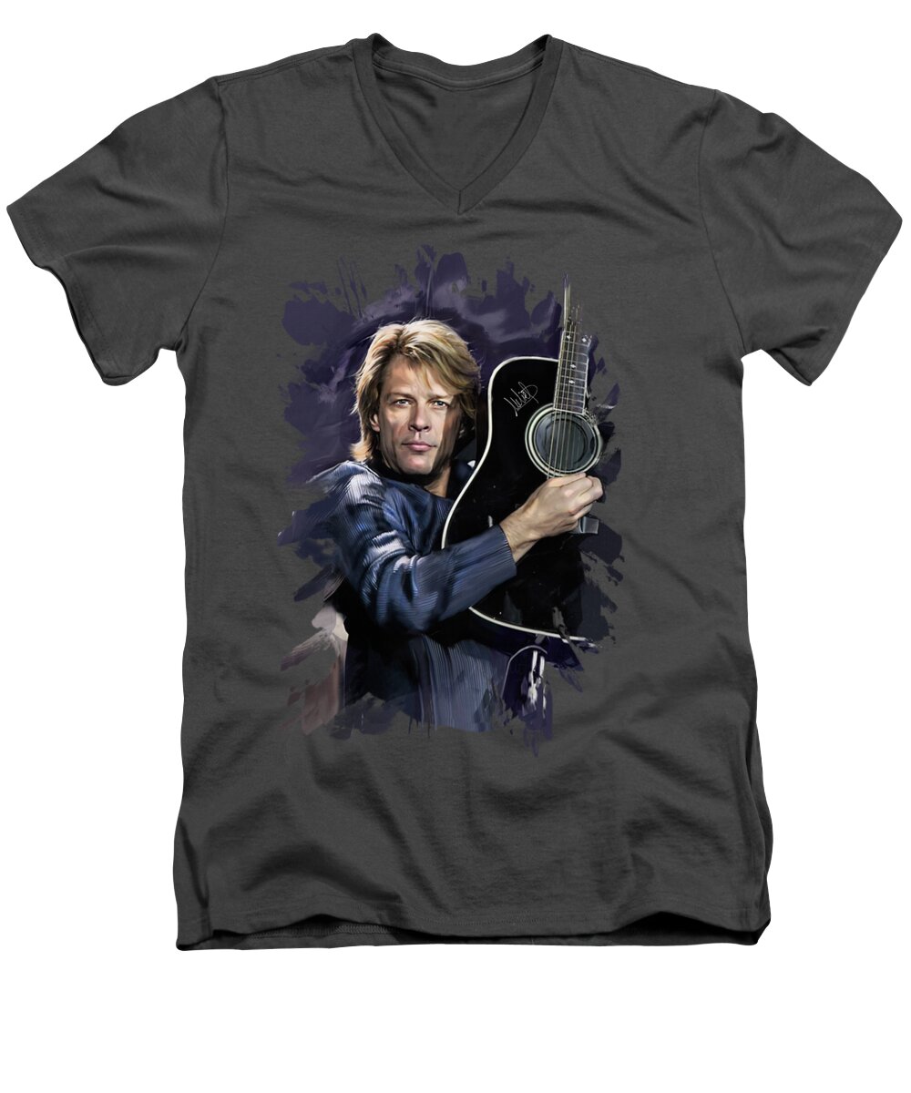 Bon Jovi Men's V-Neck T-Shirt featuring the mixed media Bon Jovi #3 by Melanie D