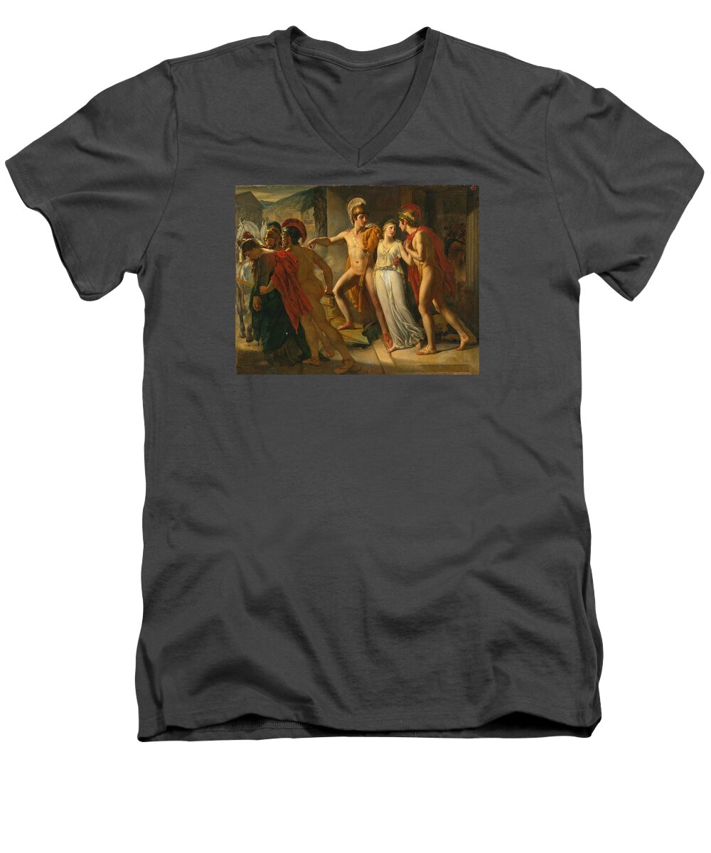 Jean-bruno Gassies Men's V-Neck T-Shirt featuring the painting Castor and Pollux rescuing Helen #1 by Jean-Bruno Gassies