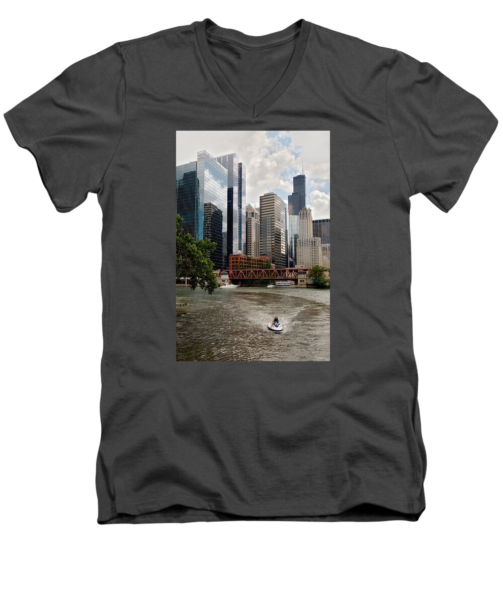 Lawrence Men's V-Neck T-Shirt featuring the photograph Chicago River Jet Ski #1 by Lawrence Boothby