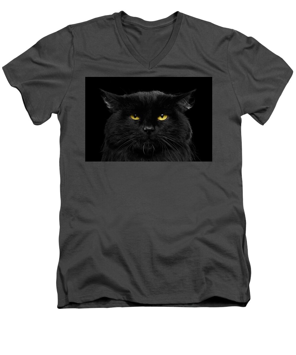 Black Men's V-Neck T-Shirt featuring the photograph Close-up Black Cat with Yellow Eyes by Sergey Taran