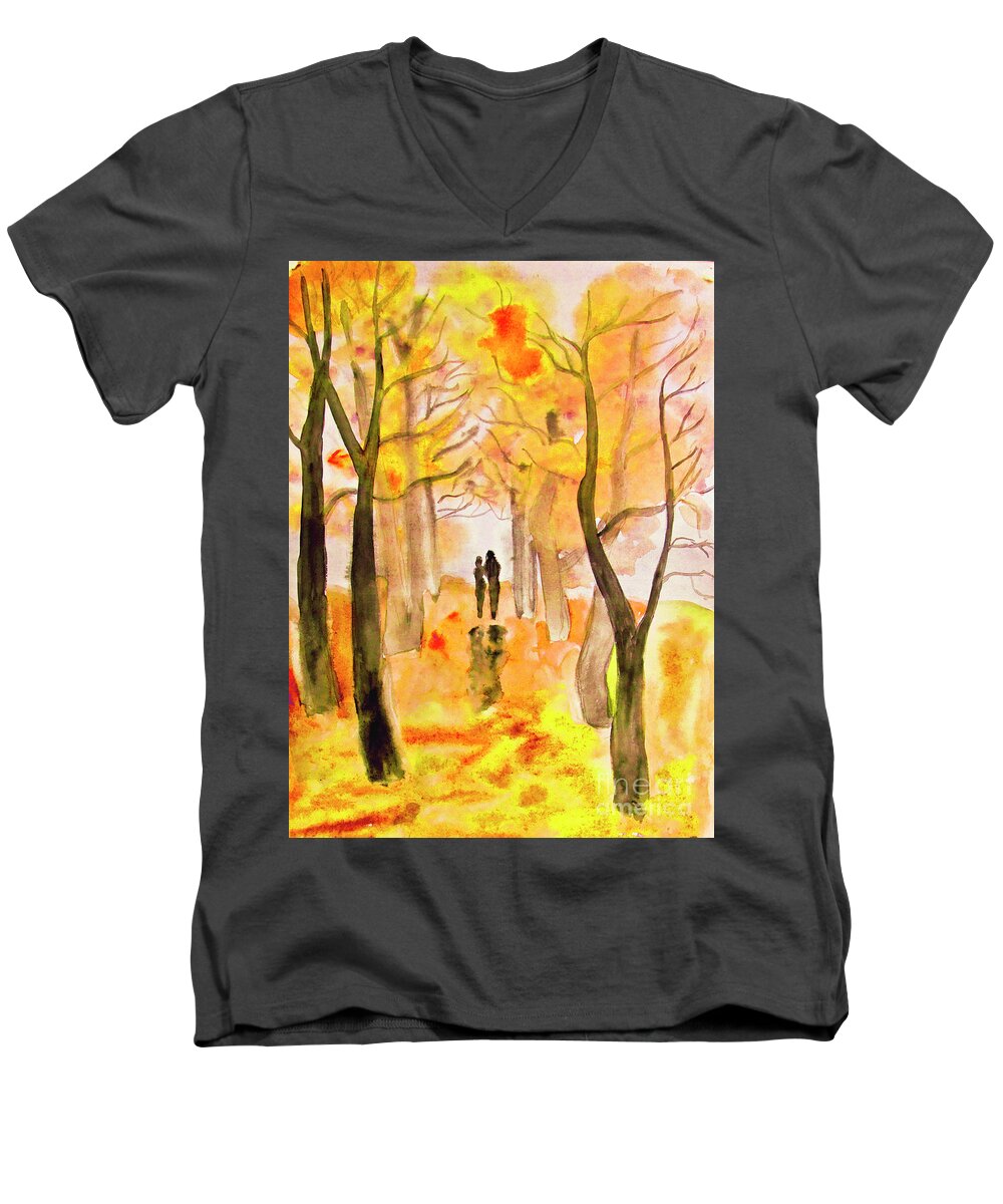 Art Men's V-Neck T-Shirt featuring the painting Couple on autumn alley, painting #1 by Irina Afonskaya