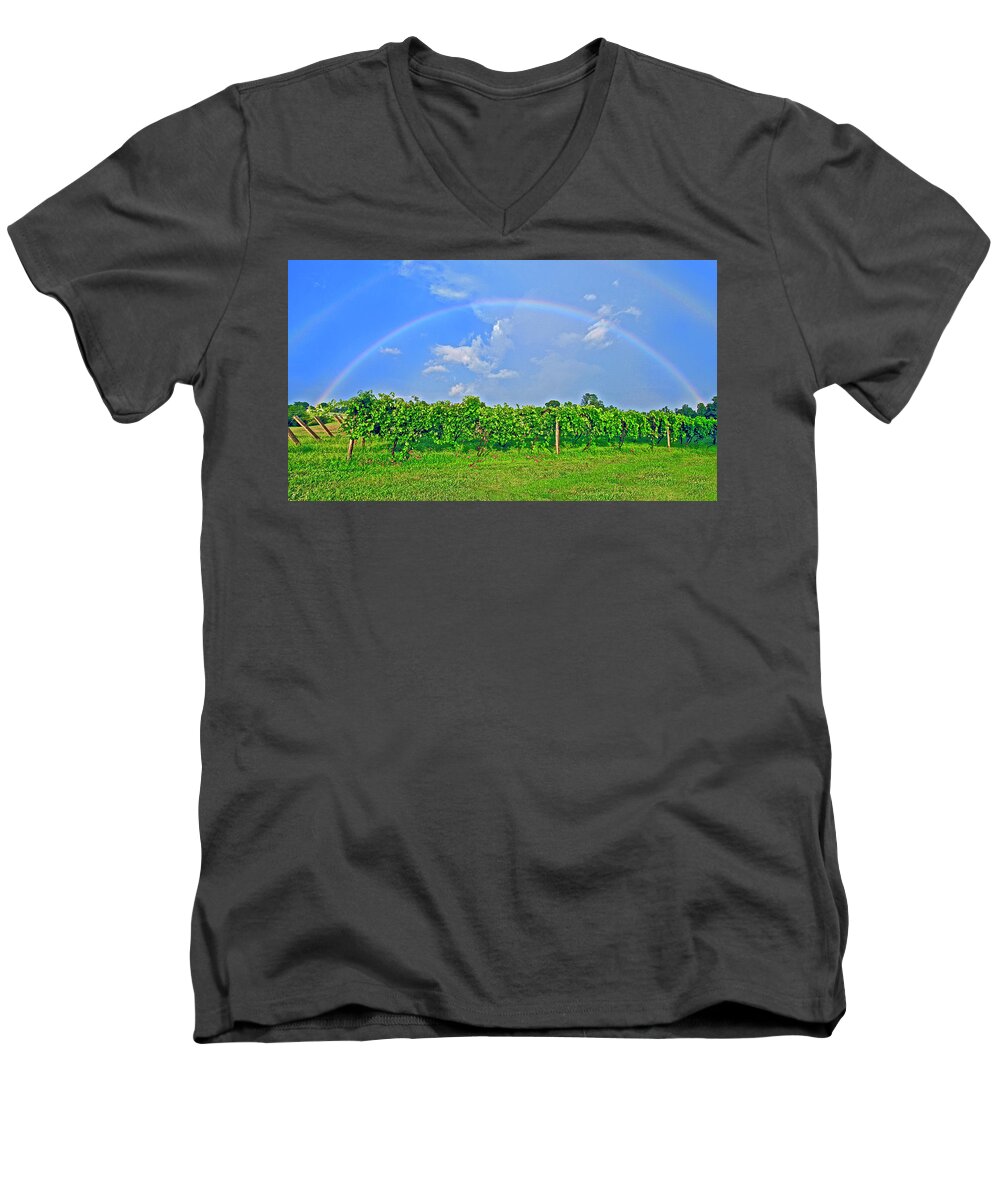 Double Rainbow Men's V-Neck T-Shirt featuring the photograph Double Rainbow Vineyard, Smith Mountain Lake #1 by The James Roney Collection