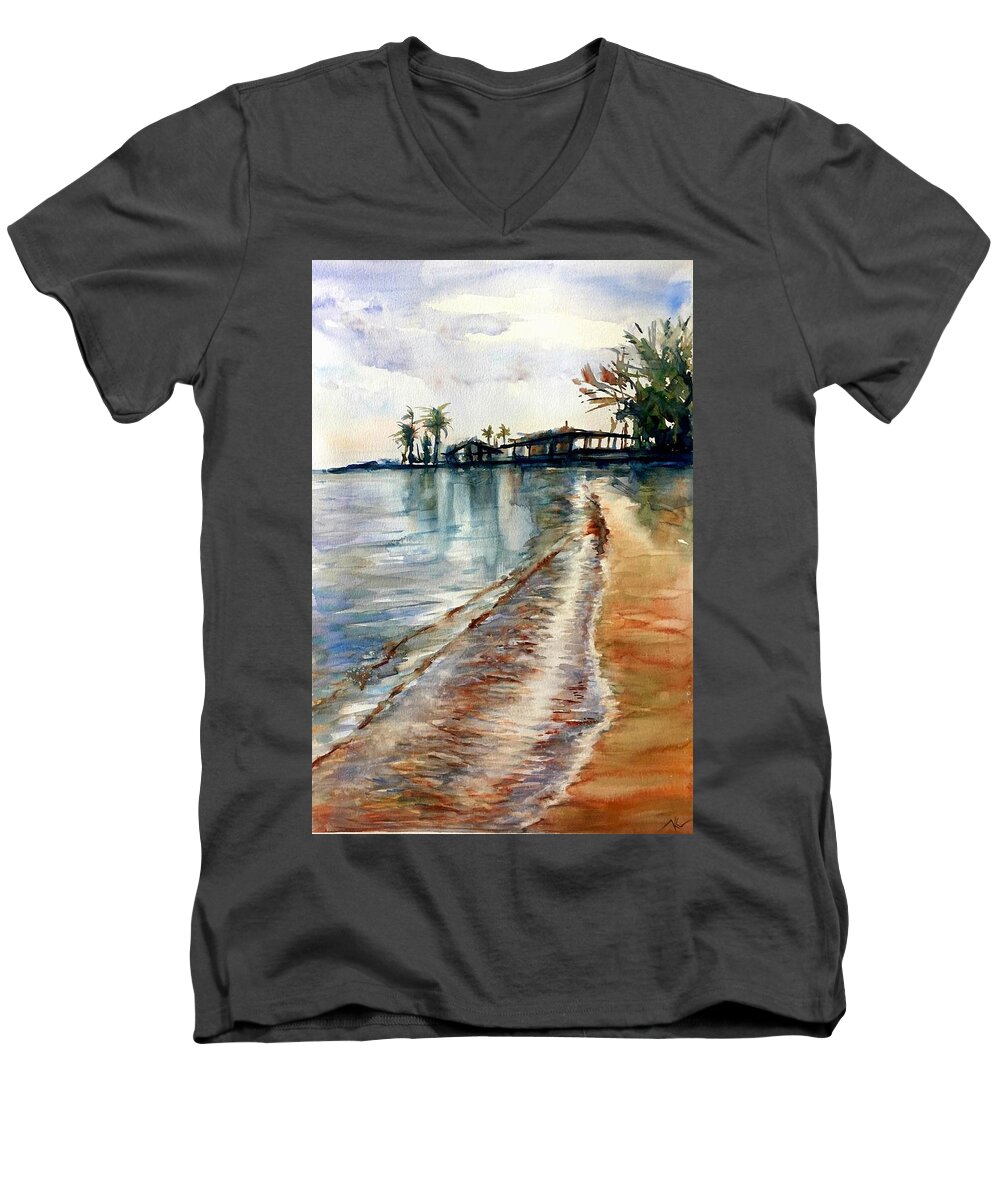Ocean Men's V-Neck T-Shirt featuring the painting Evening solitude #1 by Katerina Kovatcheva