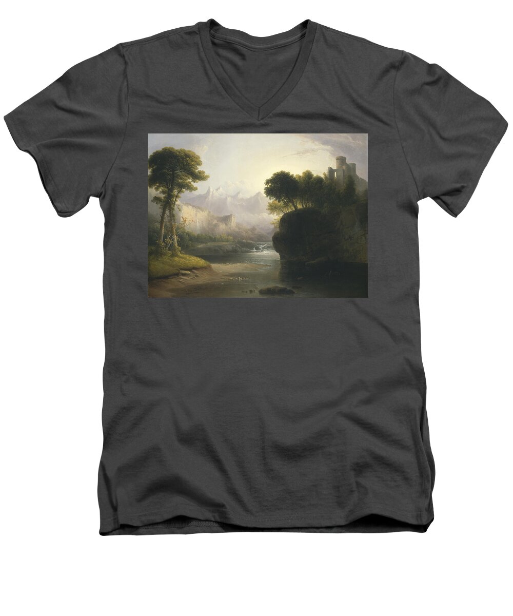 Art Men's V-Neck T-Shirt featuring the painting Fanciful Landscape #1 by Thomas Doughty