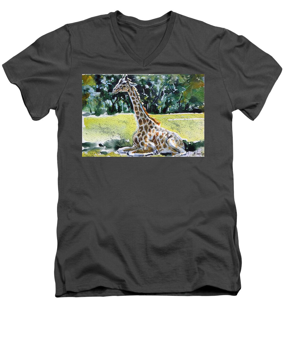 Giraffe Men's V-Neck T-Shirt featuring the painting Giraffe #1 by Kovacs Anna Brigitta