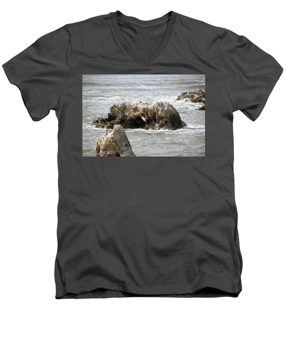 Window Rock Pismo Beach California Men's V-Neck T-Shirt featuring the photograph Grey Water at Window Rock #1 by Barbara Snyder