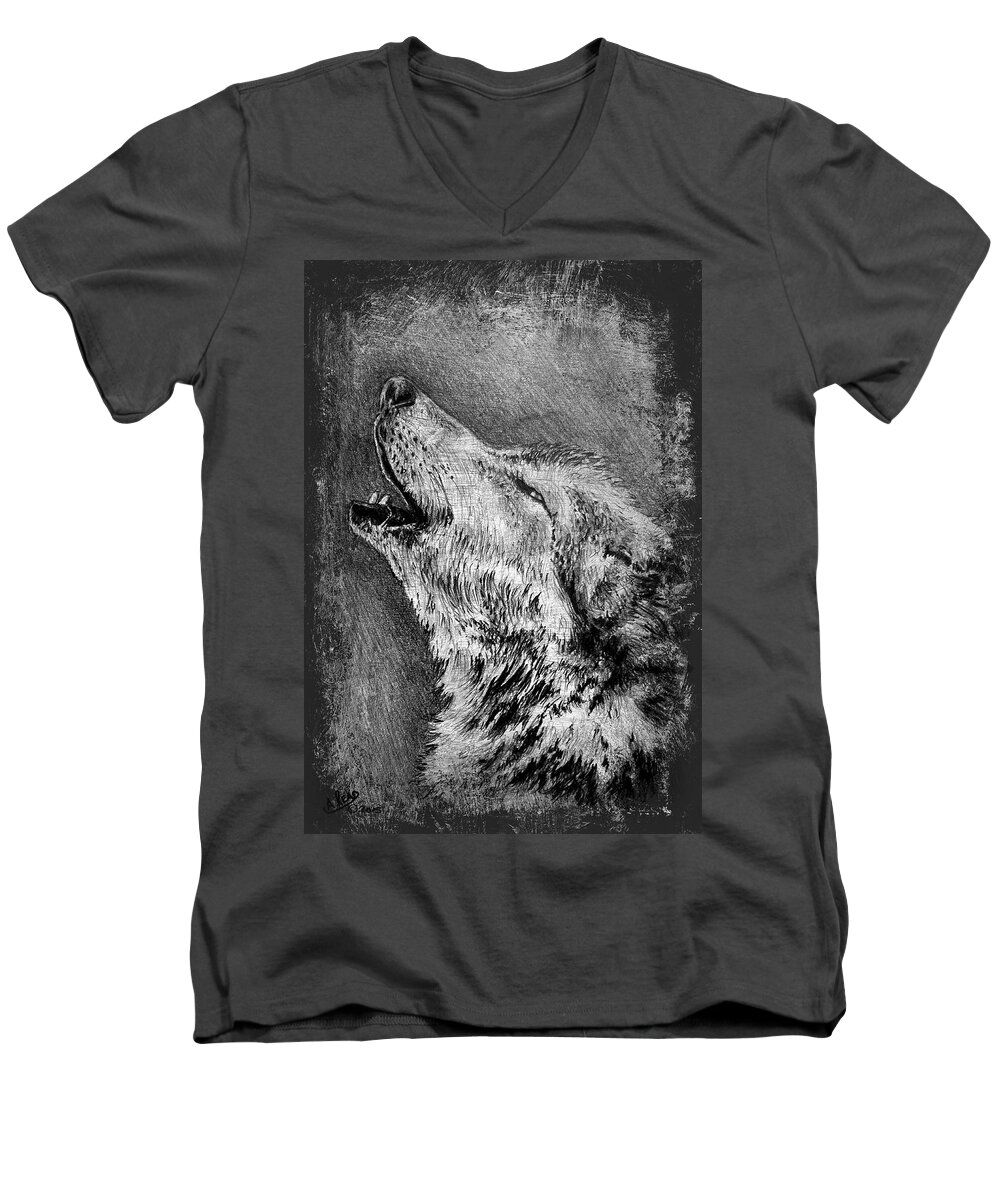 Howling Wolf Men's V-Neck T-Shirt featuring the drawing Howling Wolf #1 by Andrew Read
